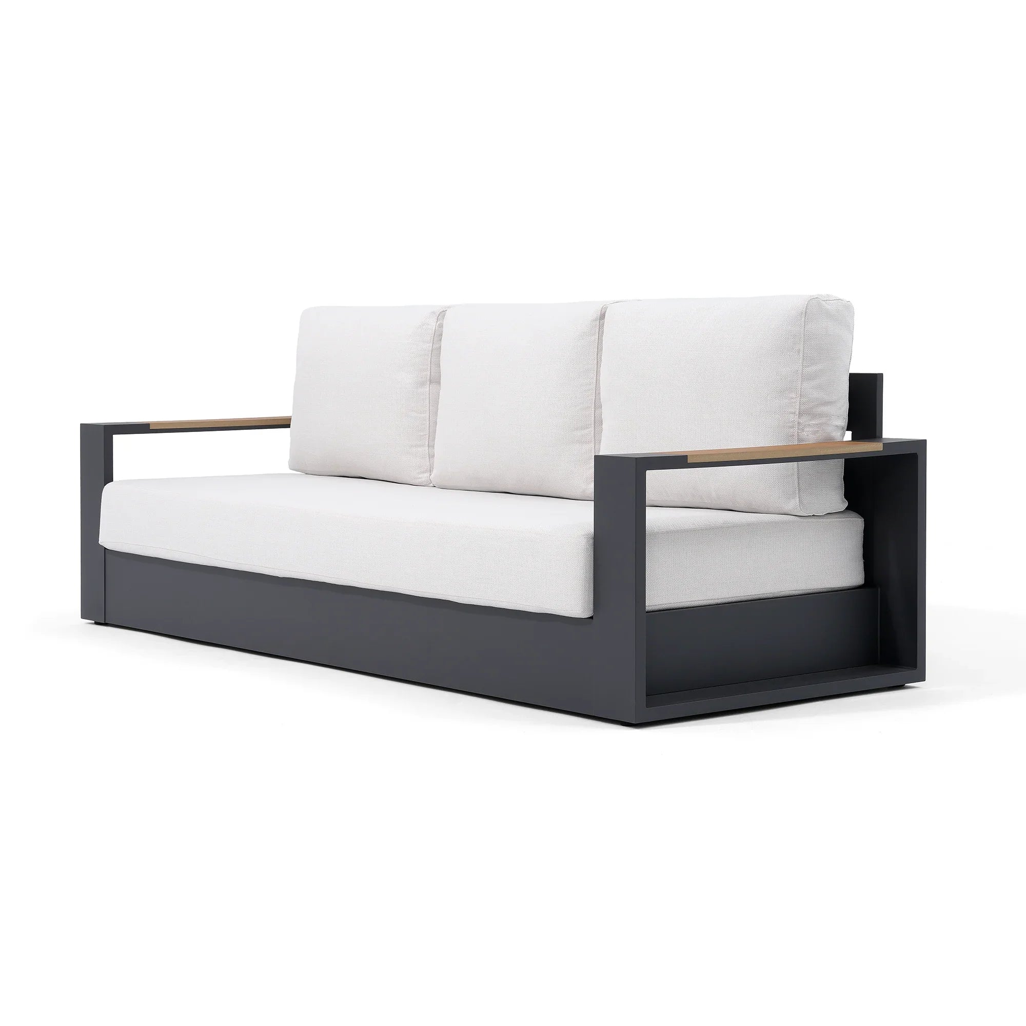 Addision Modern Metal Outdoor sofa, Dark Grey Aluminum Frame, White Cushions, wood-top armrests - Jardina Premium Modern Outdoor Patio Furniture