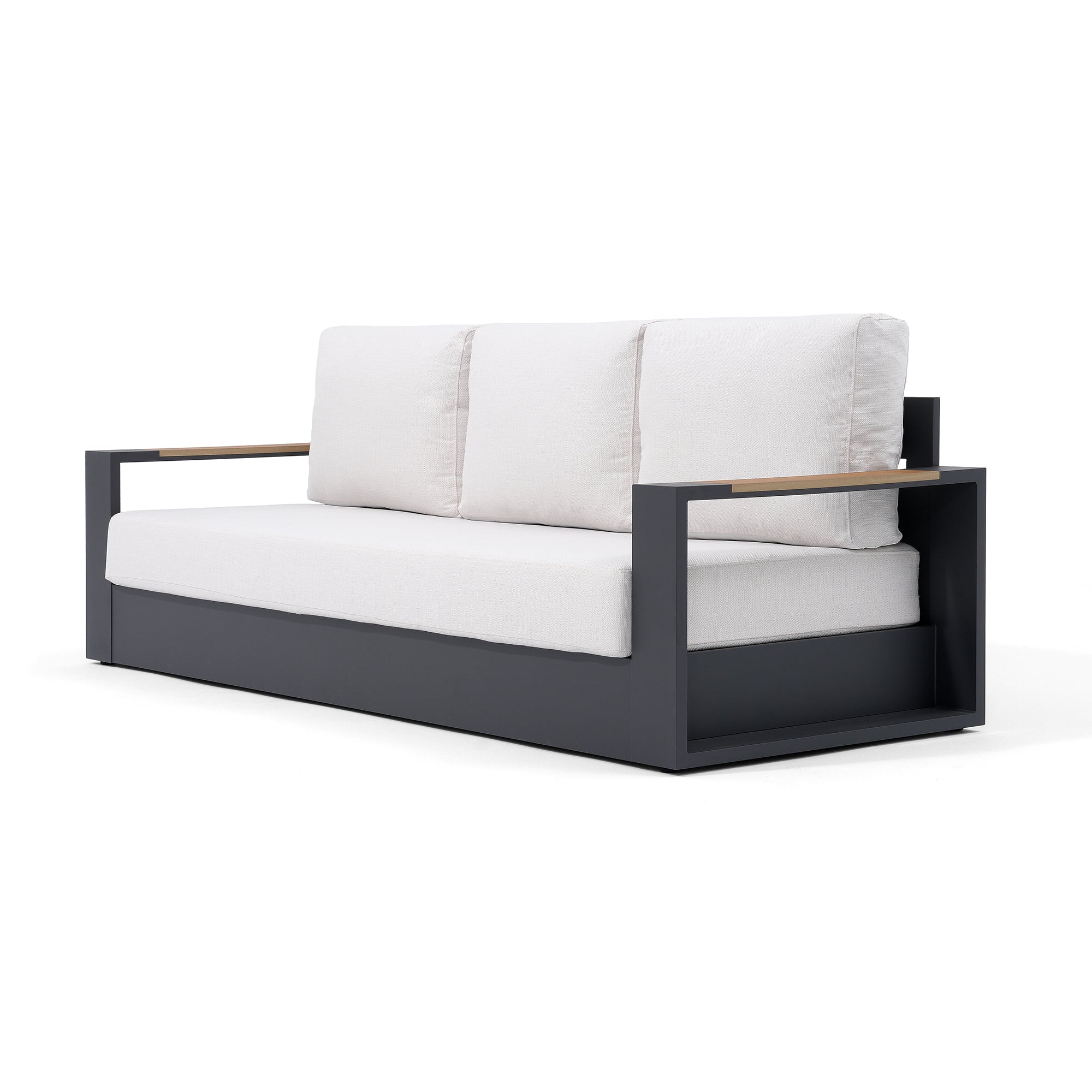 Addision Modern Metal Outdoor sofa, Dark Grey Aluminum Frame, White Cushions, wood-top armrests - Jardina Premium Modern Outdoor Patio Furniture