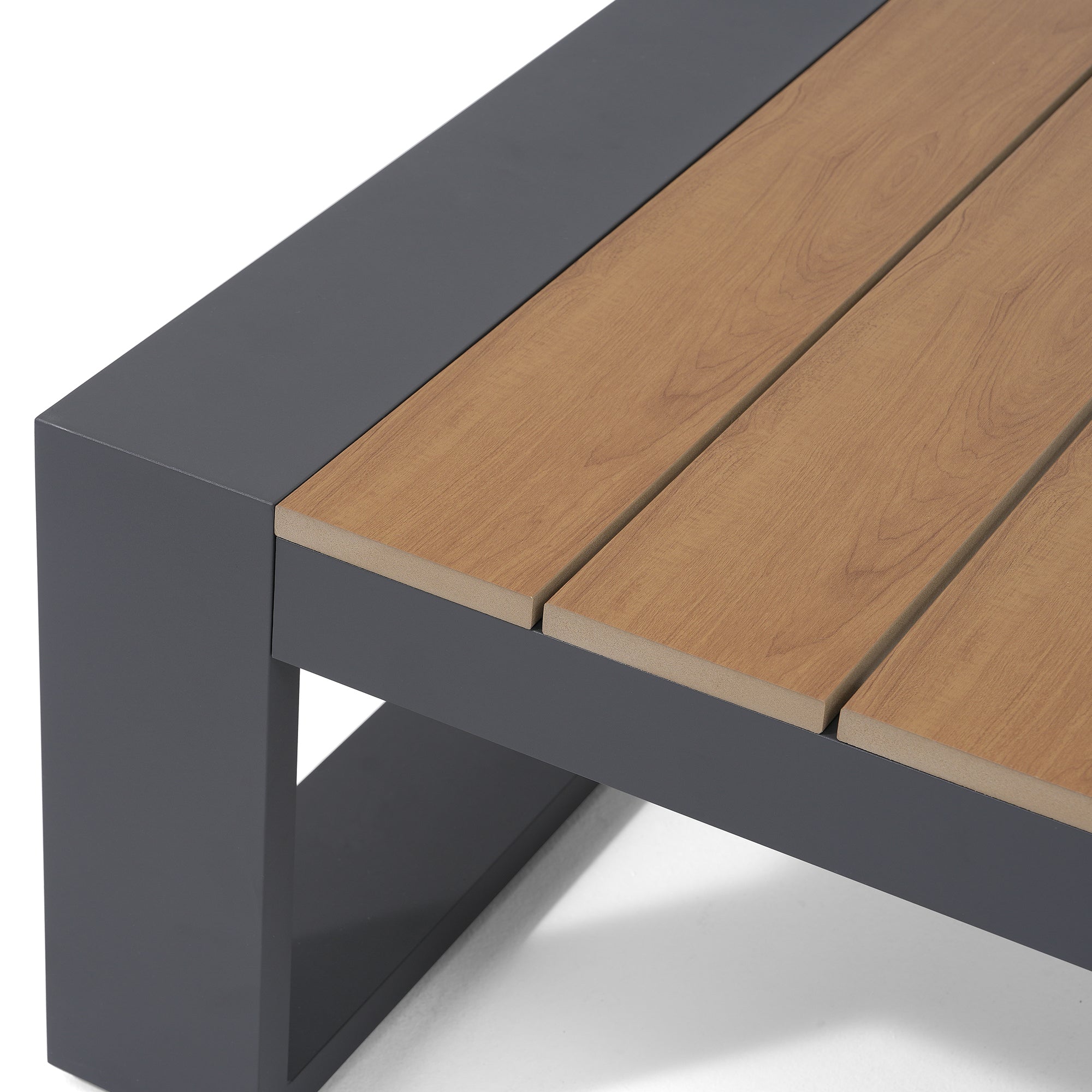 Addision Modern Metal Outdoor coffee table, Dark Grey Aluminum Frame, wood tabletop detail- Jardina Premium Modern Outdoor Patio Furniture