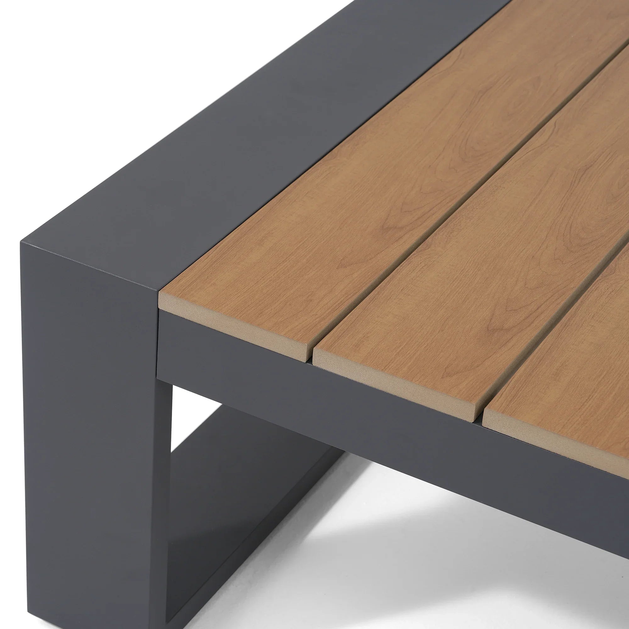 Addision Modern Metal Outdoor coffee table, Dark Grey Aluminum Frame, wood tabletop detail- Jardina Premium Modern Outdoor Patio Furniture