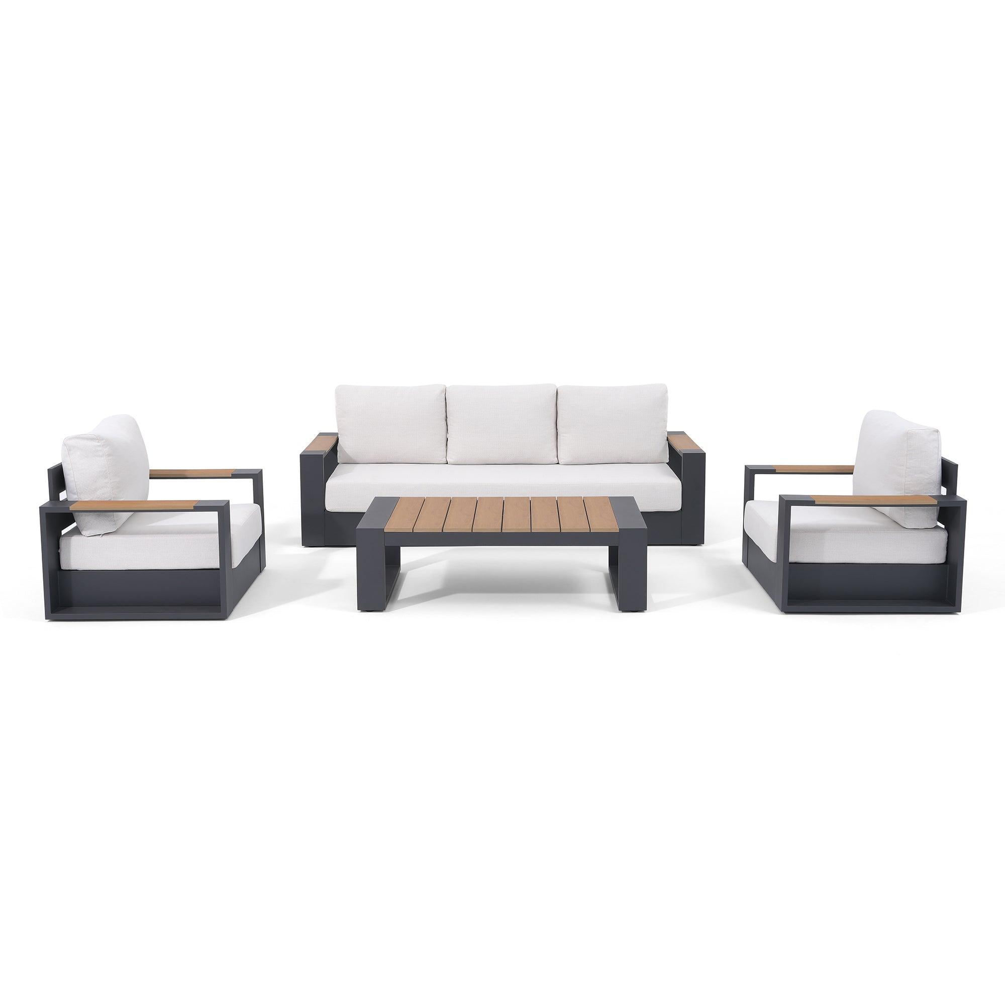 5-seats Modern Metal Outdoor conversation sofa set, Dark Grey Aluminum Frame, White Cushions, a 3-seat sofa, two single sofa armchairs with wood-top armrests, a rectangular outdoor coffee table with wood-top - Jardina Premium Modern Outdoor Patio Furniture Set