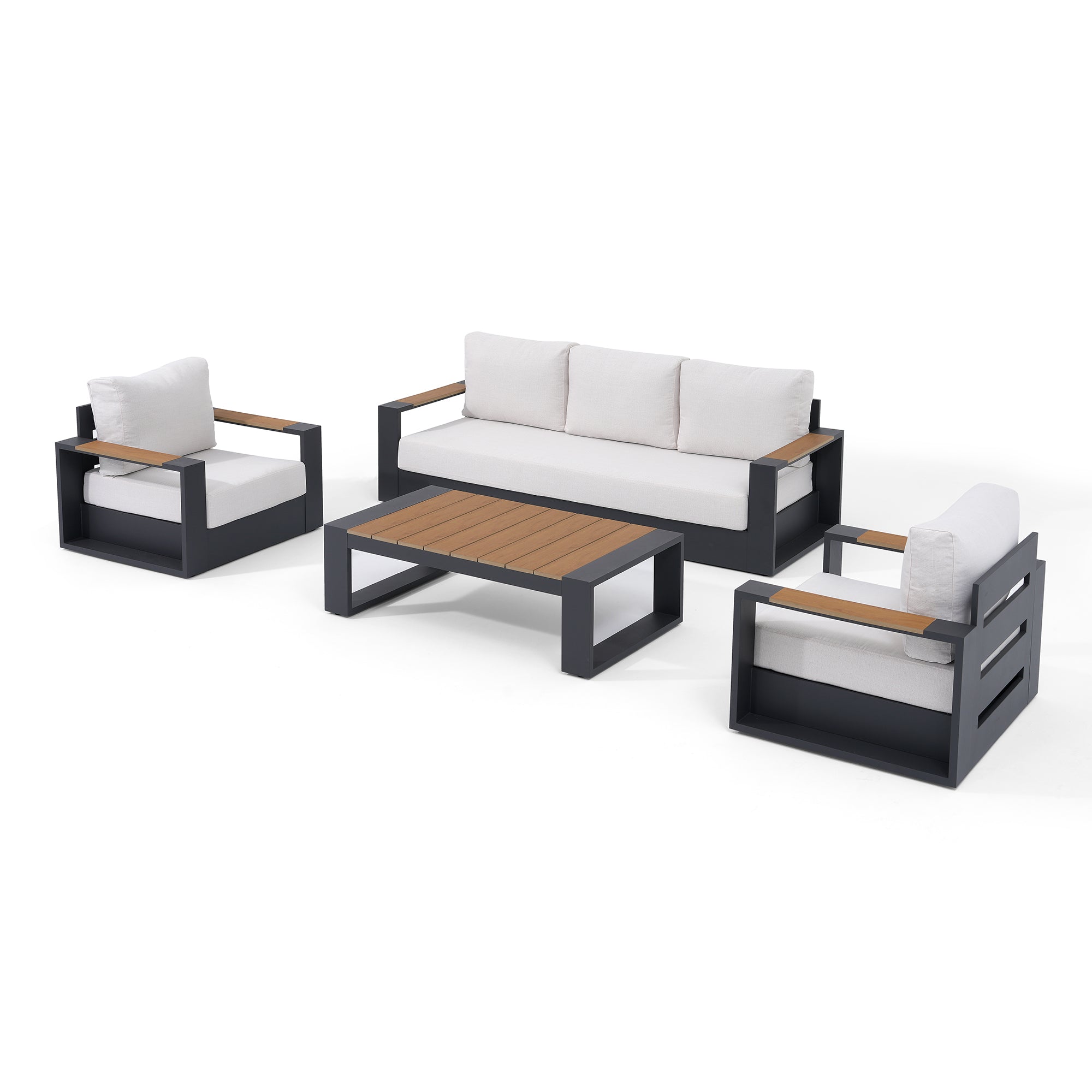 5-seats Modern Metal Outdoor conversation sofa set, Dark Grey Aluminum Frame, White Cushions, a 3-seat sofa, two single sofa armchairs with wood-top armrests, a rectangular outdoor coffee table with wood-top - Jardina Premium Modern Outdoor Patio Furniture Set
