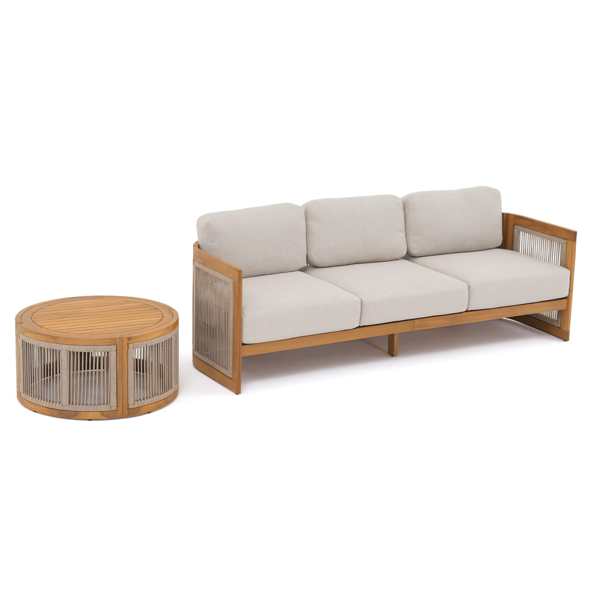 2pcs outdoor sofa lounge set, acacia wooden frame and woven rope design, a triple sofa and a round coffee table- Jardina Modern Premium Patio Outdoor Furniture#Size_2-pc with Table