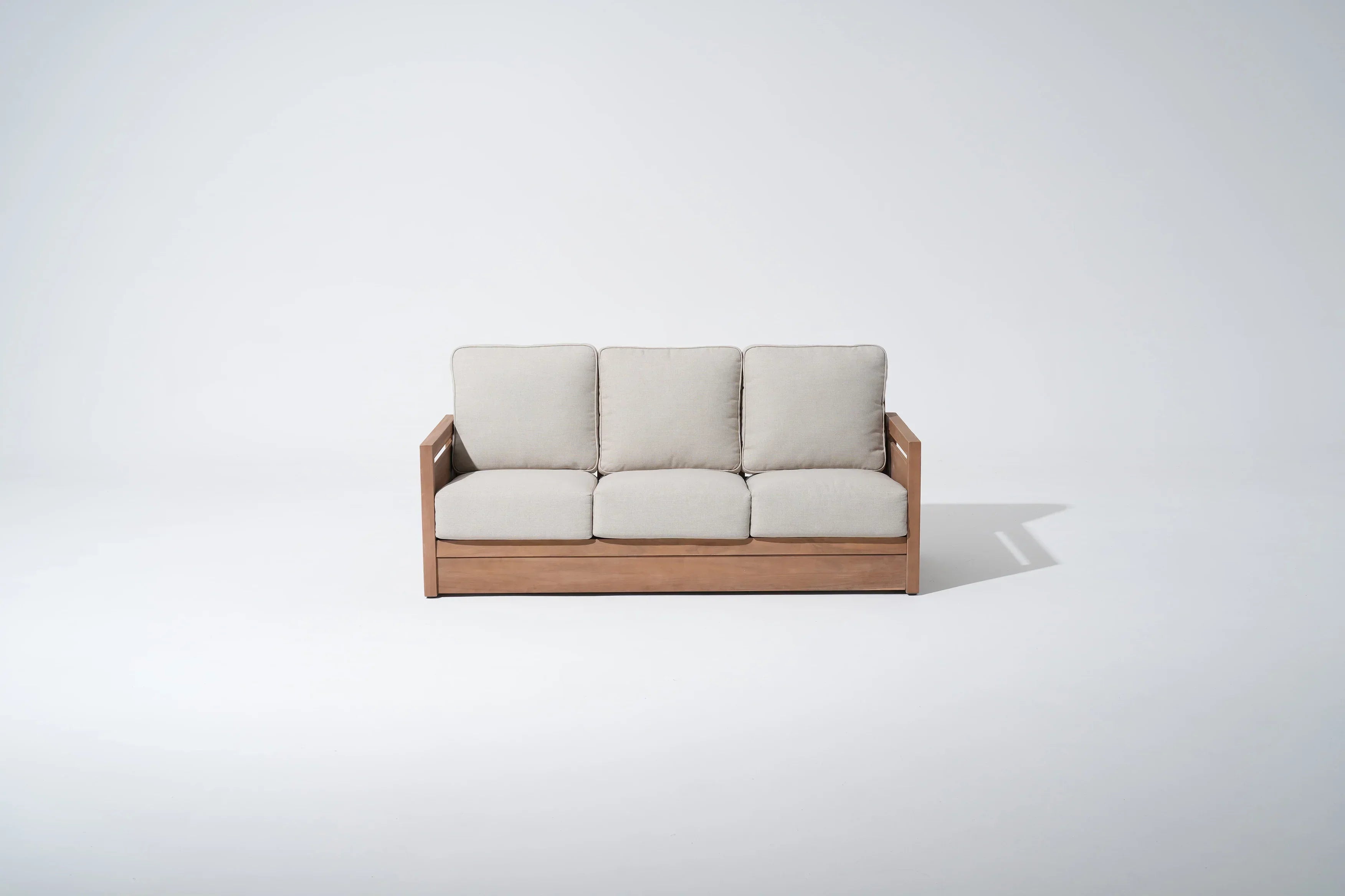 3-seat wood outdoor Sofa with beige cushions