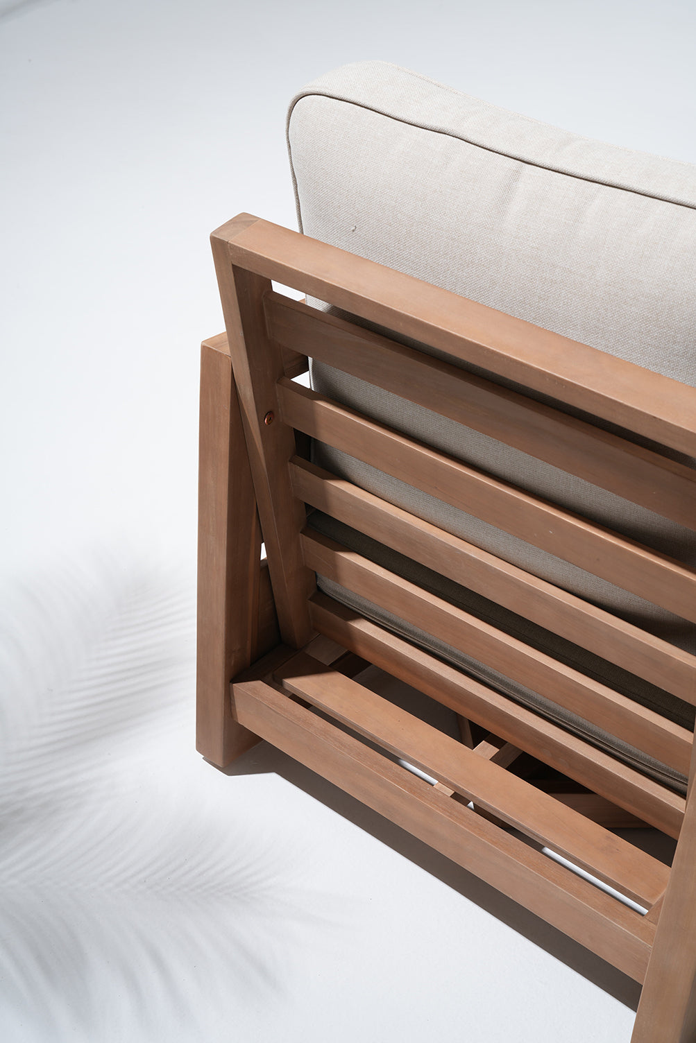 acacia Wooden chair with beige cushion, back detail