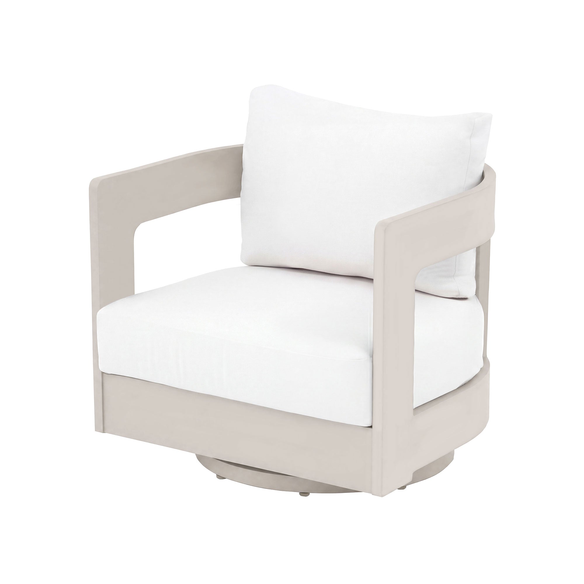 Sova White Aluminum Swivel Patio Lounge Chairs with Linen Olefin Cushions & Sunbrella