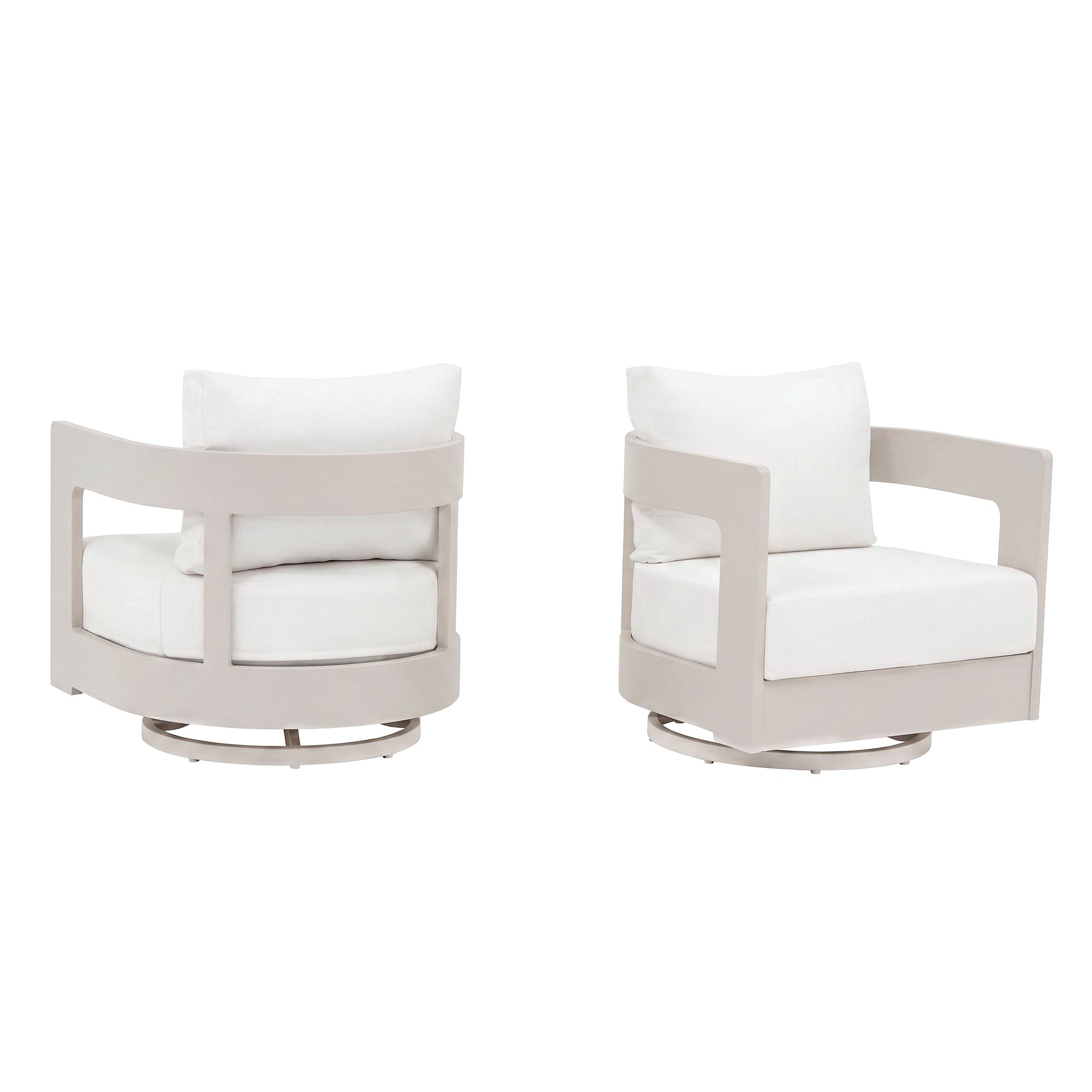 Sova White Aluminum Swivel Patio Lounge Chairs with Linen Olefin Cushions & Sunbrella