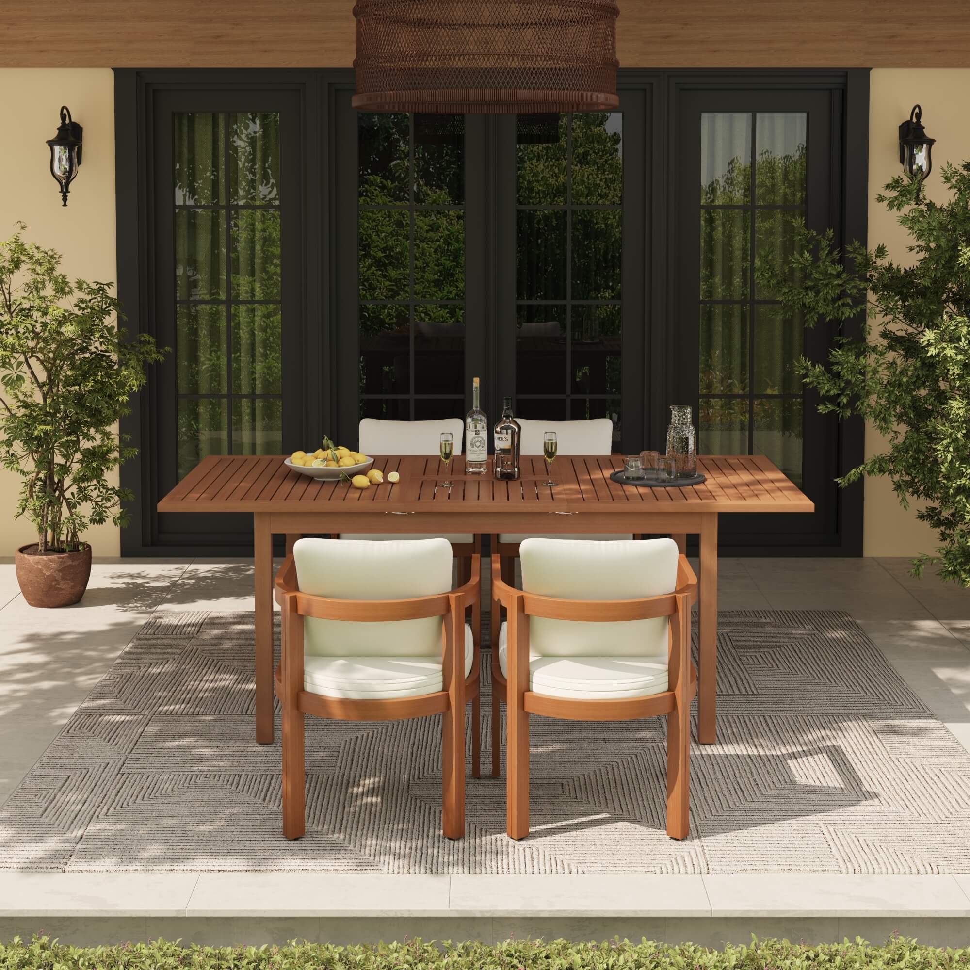 acacia Wooden outdoor dining set for 4 with table and chairs on a patio- Jardina Modern Premium Patio Outdoor Furniture