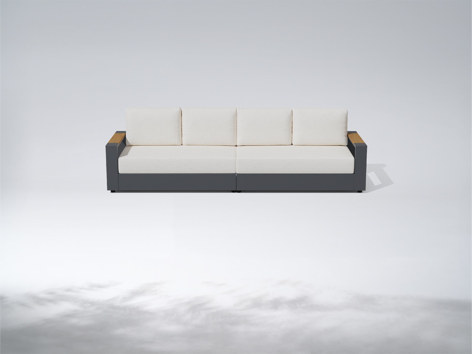 A modern outdoor three-seater sofa with cream-colored cushions and a dark gray frame, featuring light wood armrests, shown against a light gray studio background. #config_4‑Seat Straight