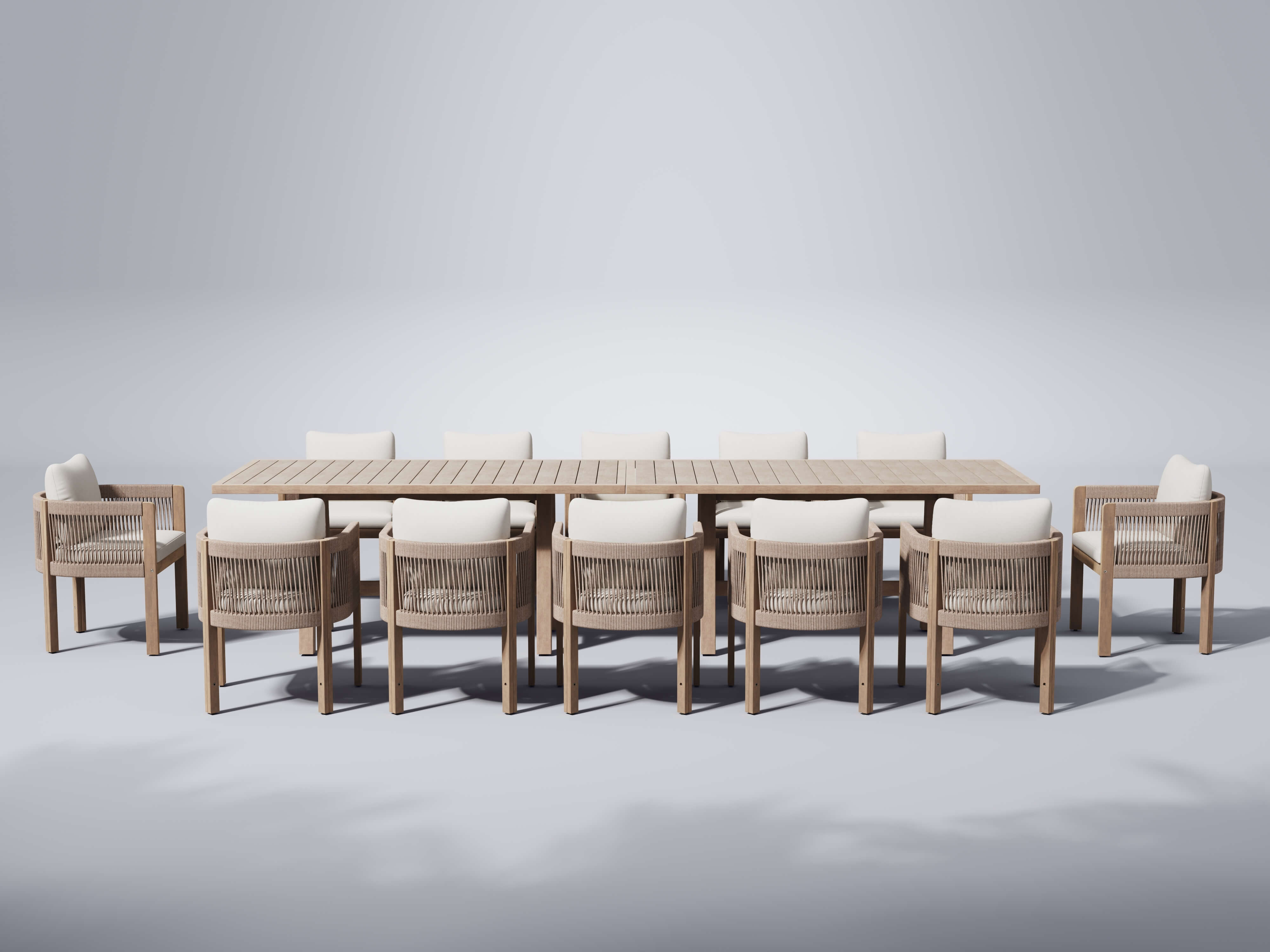 Foristern Wooden Dining Set with Rope Design, White Cushions for 12 People,Two Tables Joined Together.