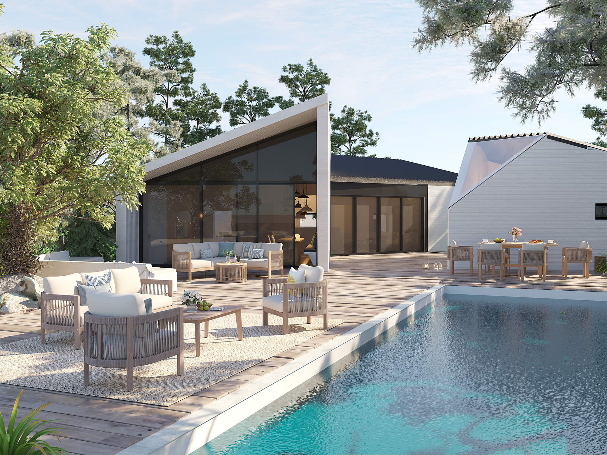 Modern house exterior with outdoor seating area and pool - Jardina Modern Premium Outdoor Patio Furniture Sets