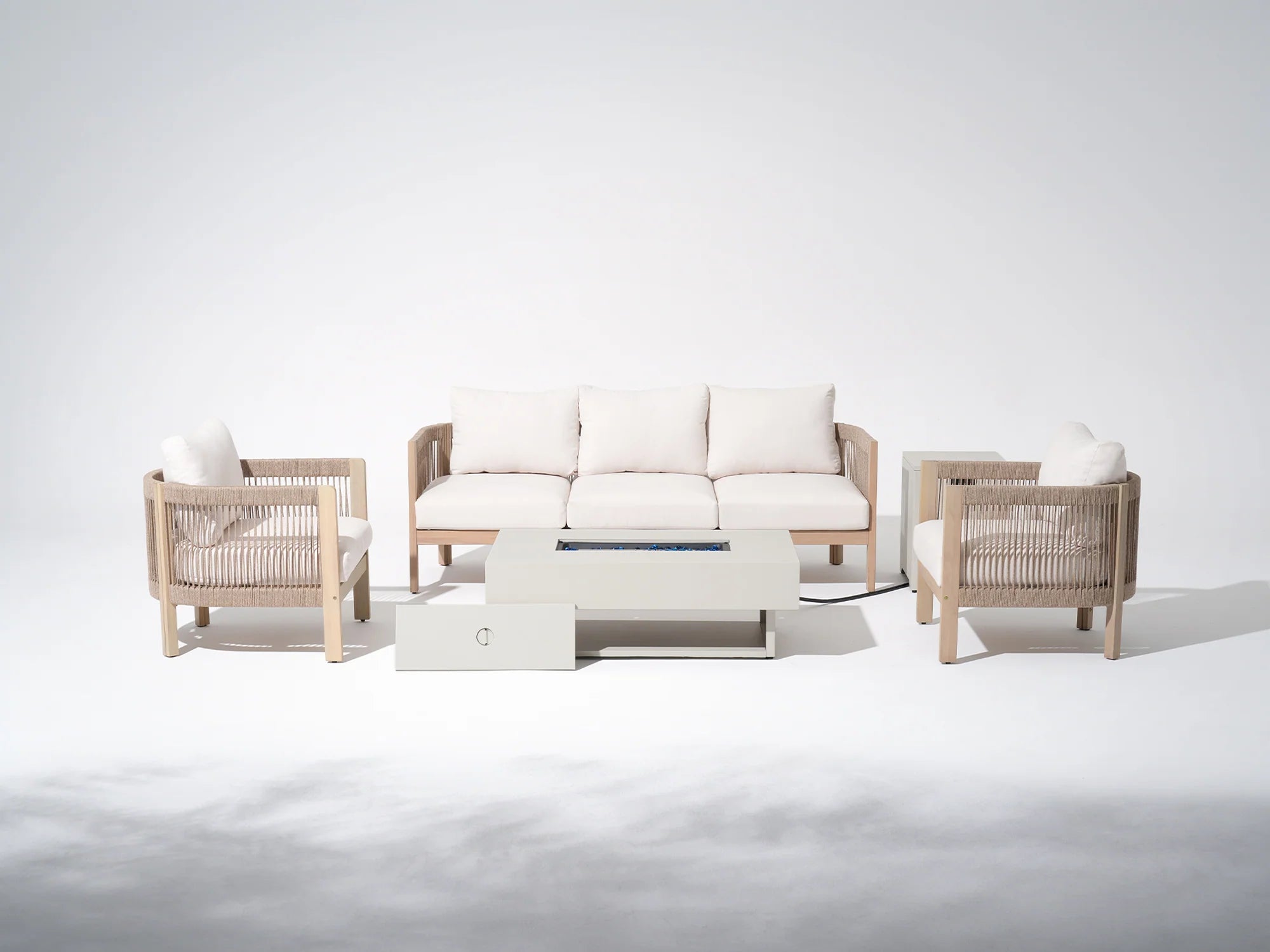acacia wood and rope Outdoor furniture fire pit set with white cushions - Jardina Modern Premium Outdoor Patio Furniture Sets