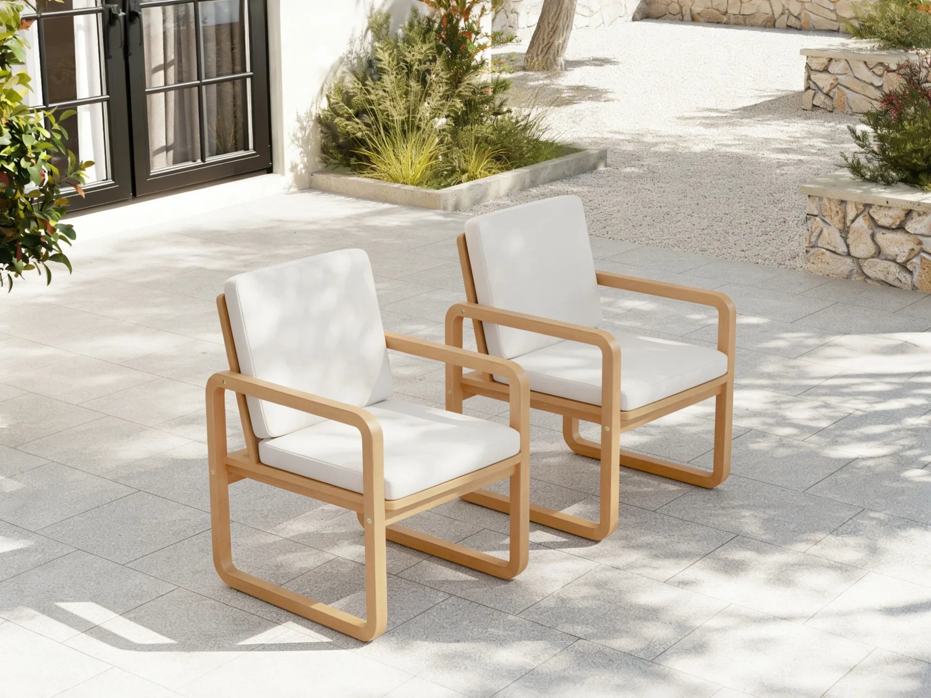 acacia Wooden Dining Chair, Set of 2, Olefin Linen Cushions - Jardina Premium Modern Outdoor Dining Furniture