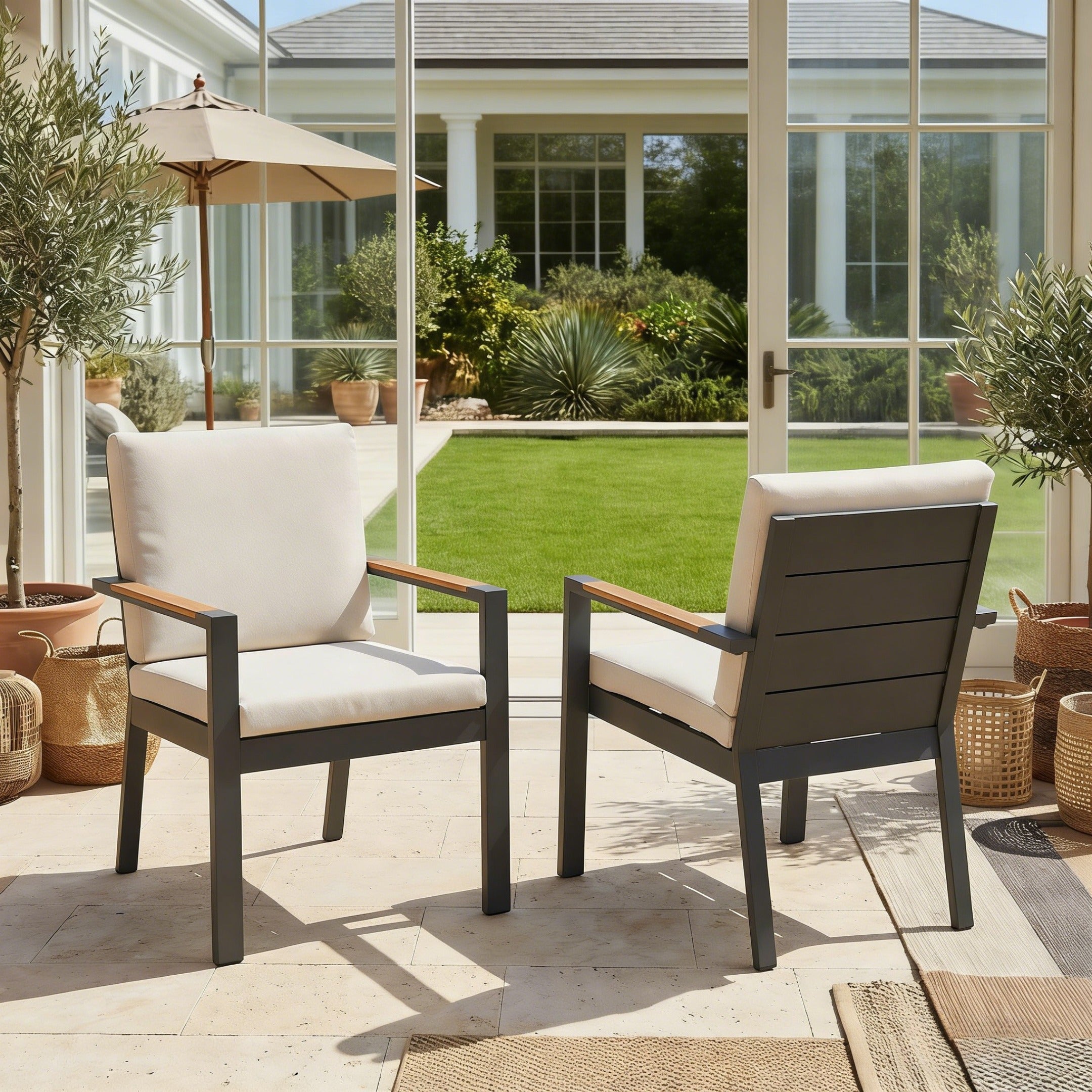 Addison Outdoor Aluminum Dining Chairs, Dark Grey Frame, Wood Armrest, Set of 2/4/6