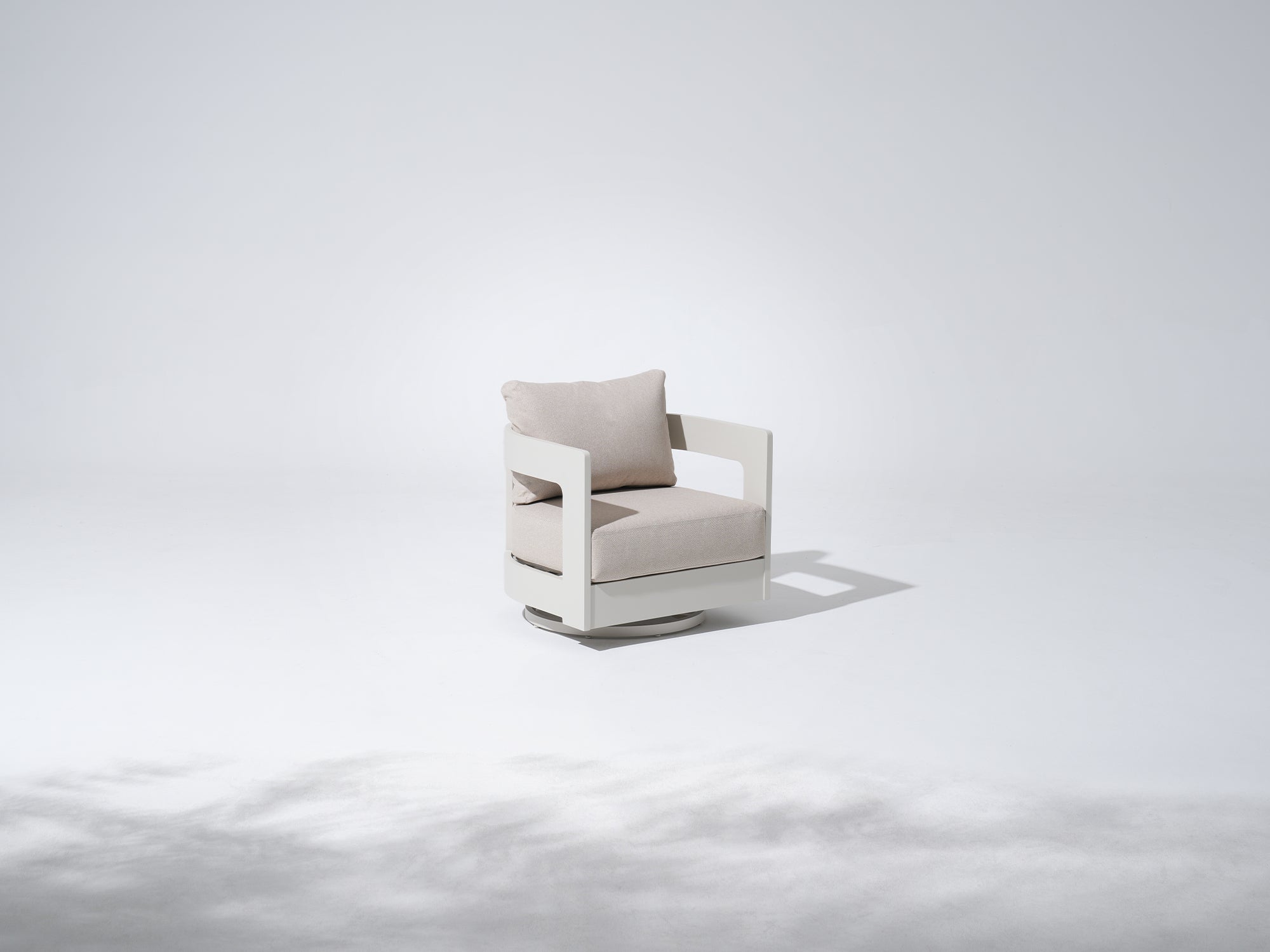Sova White Aluminum Swivel Patio Lounge Chairs with Linen Olefin Cushions & Sunbrella