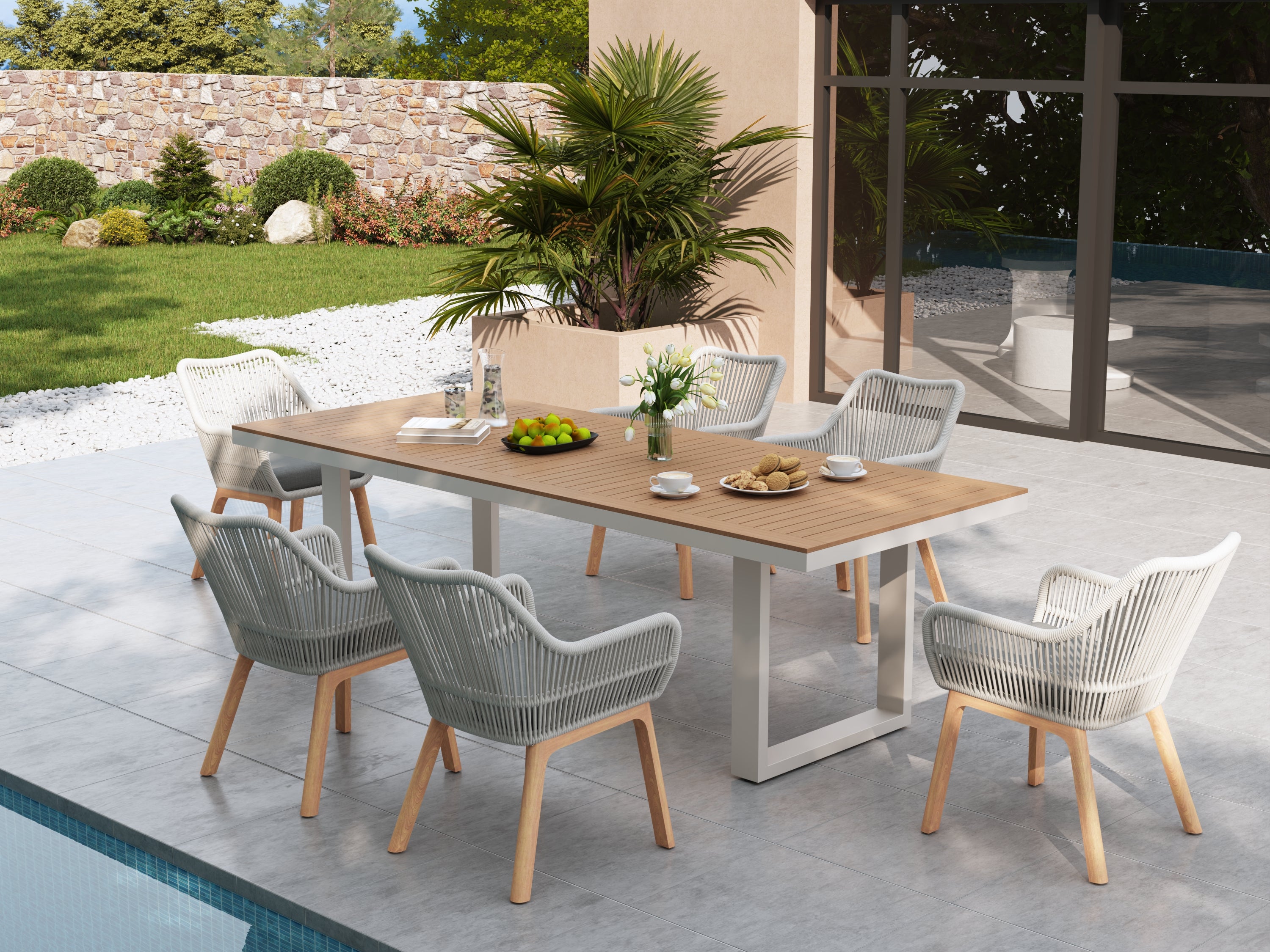 Plena & Addison Aluminum Outdoor Dining Set with Rope Chairs, Teak Leg, Umbrella Hole, Oyster White Frame, 97"