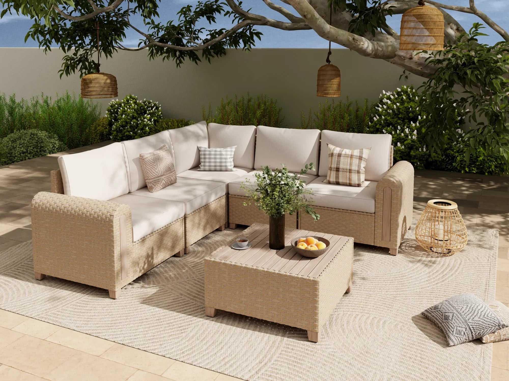 Wicker and acacia wood L-shaped outdoor sectional sofa with a square coffee table - Jardina Modern Premium Outdoor Patio Furniture Sets