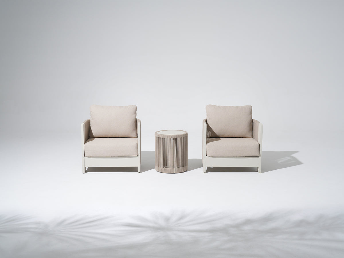 Irati 3-Piece Rope Rattan Aluminum Outdoor Conversation Set, Olefin Cushions, Oyster White