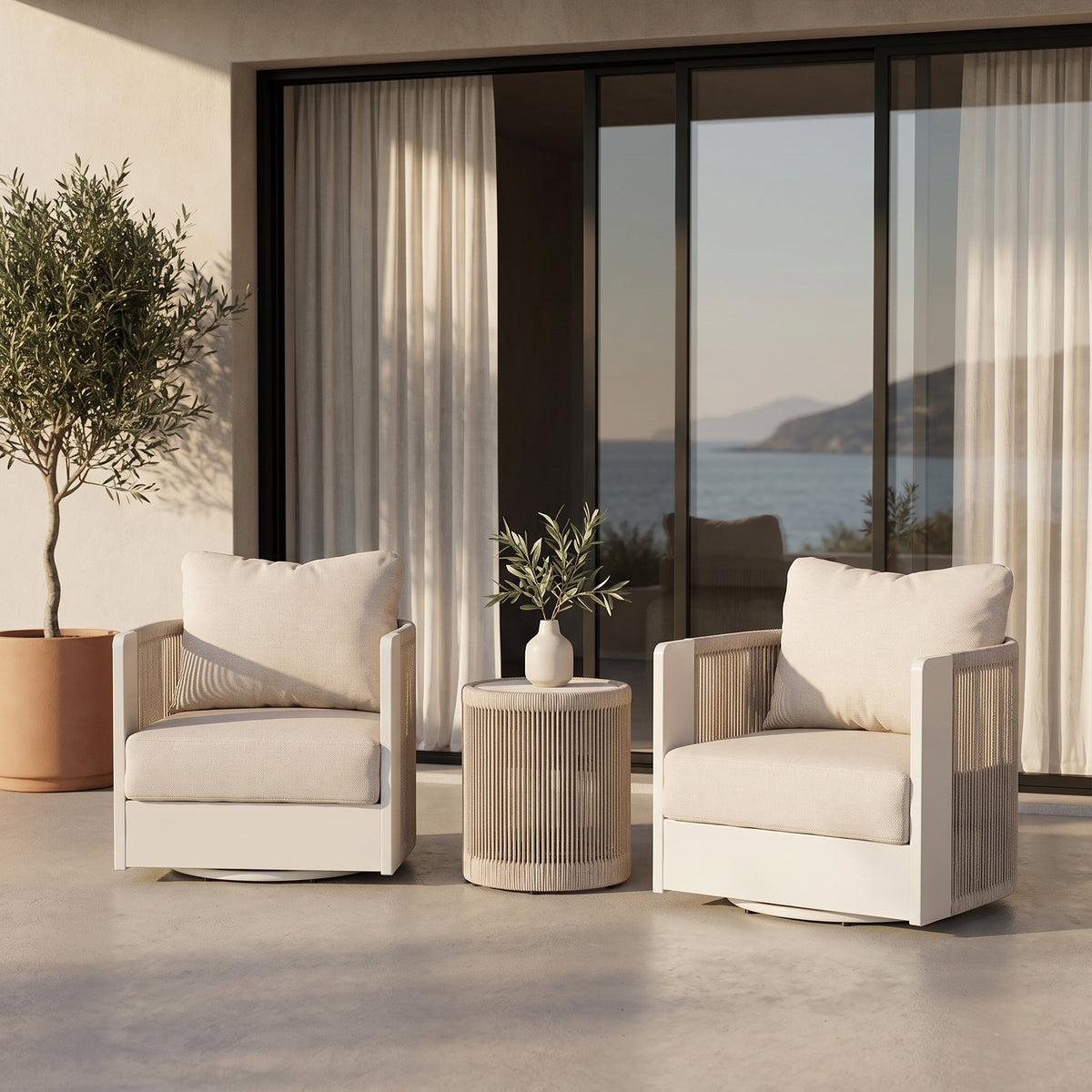 Irati 3-Piece Rope Rattan Aluminum Outdoor Conversation Set, Olefin Cushions, Oyster White