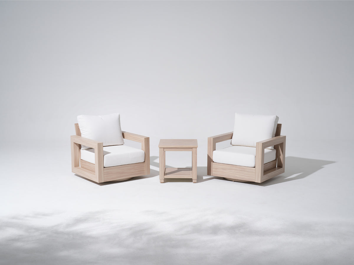 Vela 3-Piece Outdoor Swivel Chairs with Side Table, Wood-Look Aluminum Frame, Sunbrella® Cushions