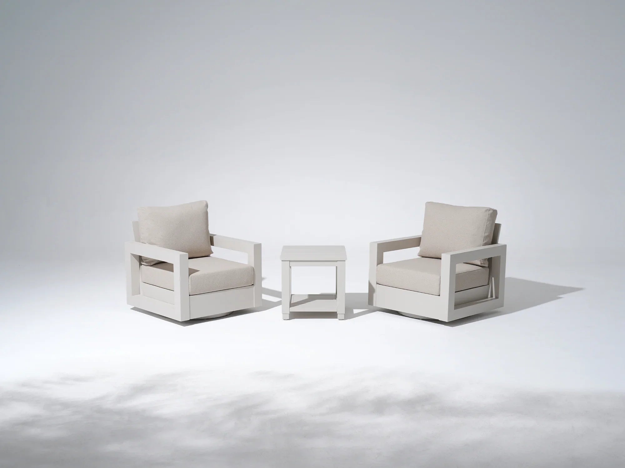 white Aluminum Outdoor Swivel Chairs set, Linen Cushions