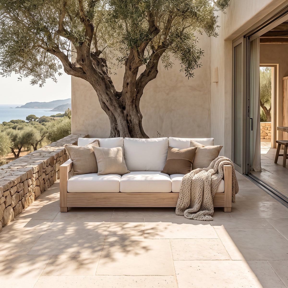 Vela Outdoor 3-Seater Sofa, Wood-Look Aluminum Frame, Sunbrella® Cushions