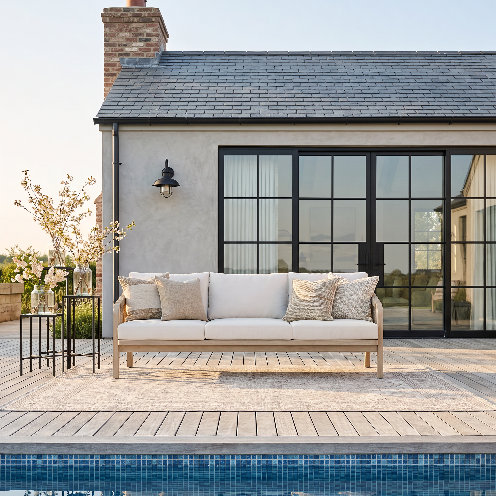 Thalea 3-Seat Wooden Outdoor Sofa With Cushions, Cream White