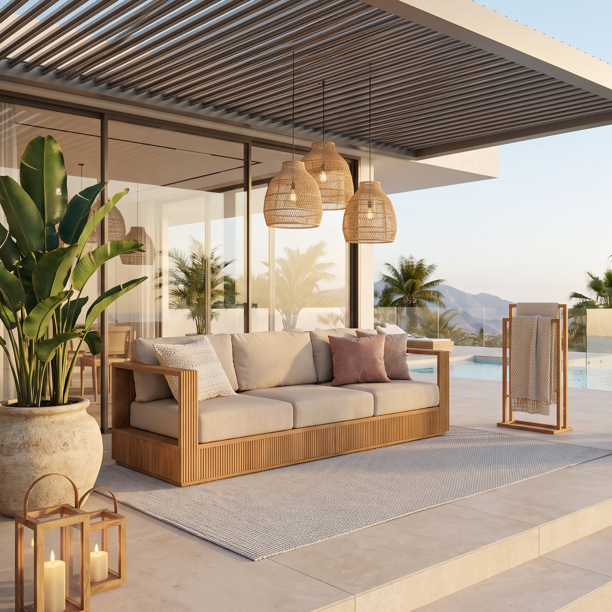 Sintra Outdoor Sofa, Solid Slatted Frame, FSC Teak Wood with Creamy White Olefin Cushion