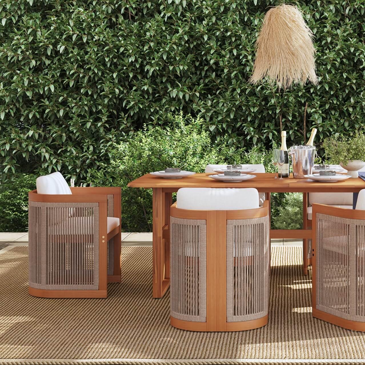 acacia wooden Outdoor dining set with rope design on a patio - Jardina Modern Premium Patio Outdoor Furniture