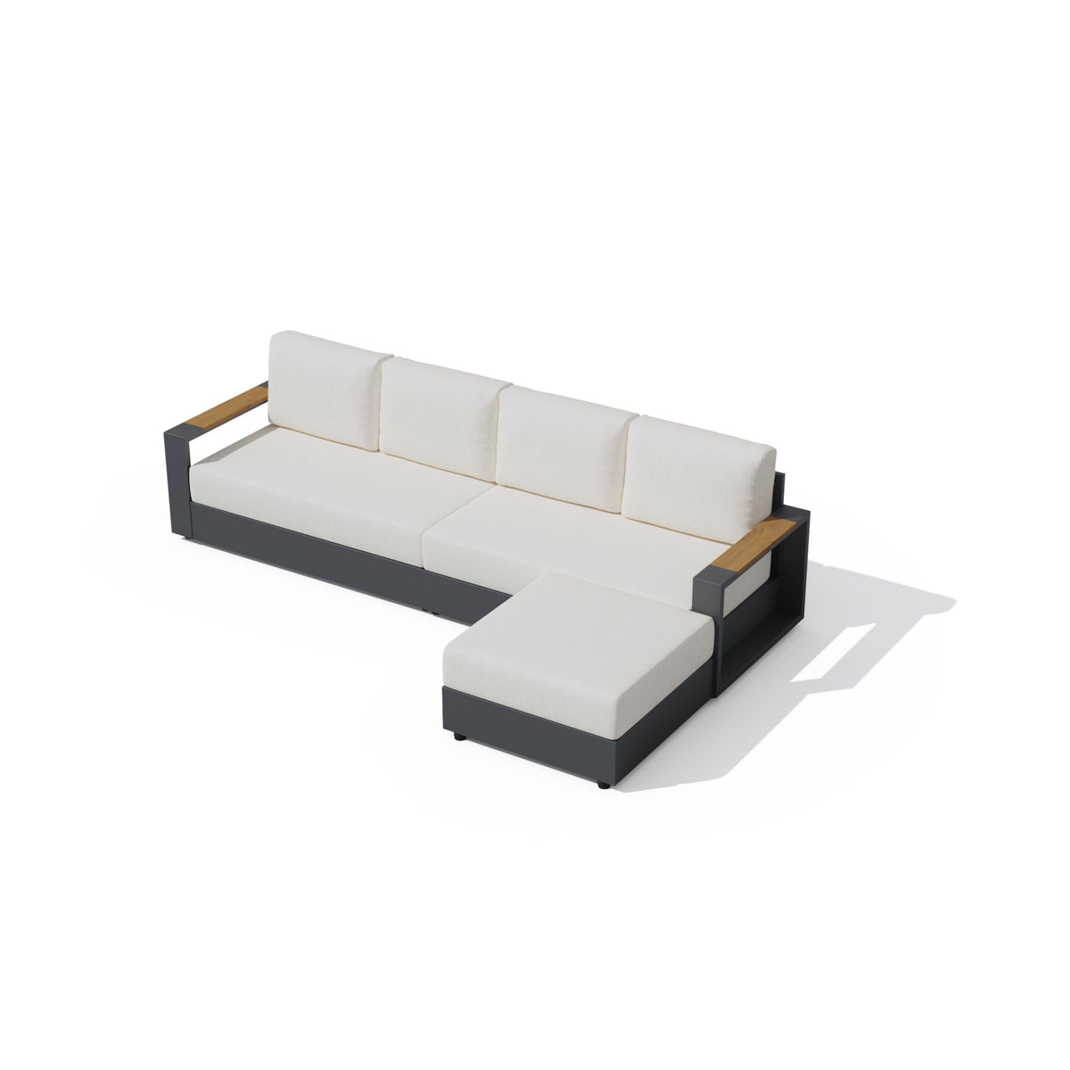 Outdoor sectional sofa with off-white cushions and a dark gray frame, featuring light wood armrest accents, shown on a white background. #config_4‑Seat Chaise