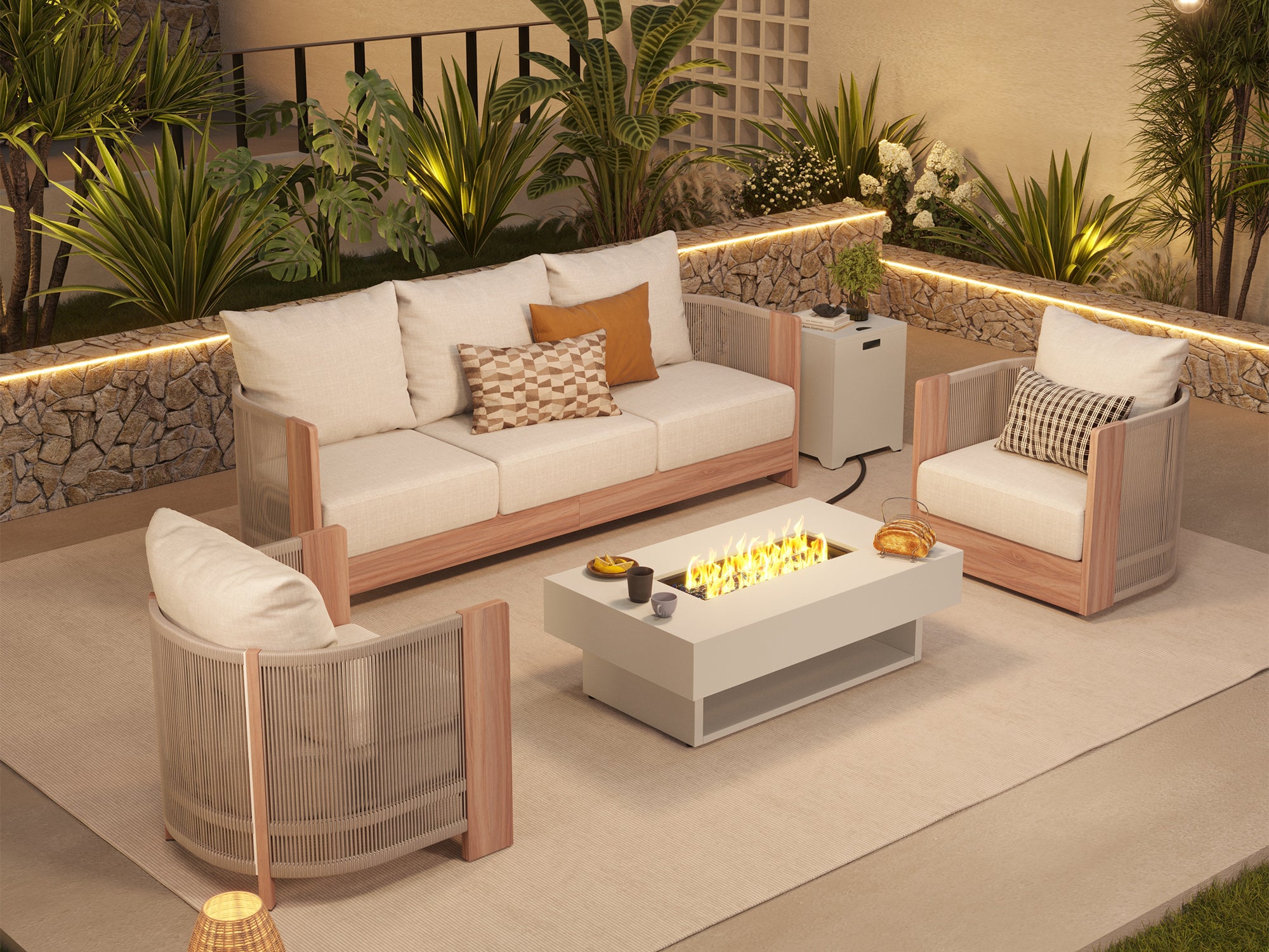 Outdoor patio setting with a fire pit table, aluminum frame and rope design, thick cushions- Jardina Premium Modern Outdoor Patio Furniture Sets