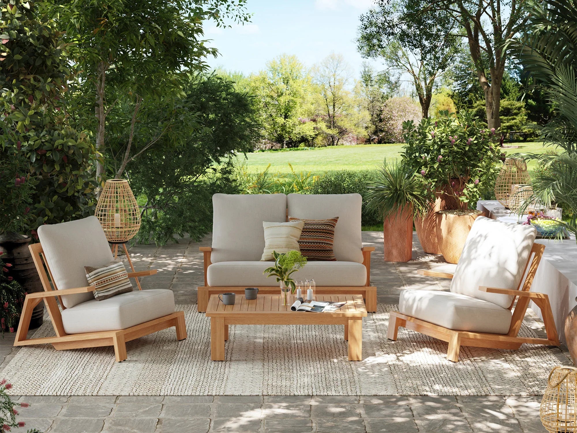 Noto 4-seats acacia wooden Outdoor patio conversation furniture set with thick cushions - Jardina Modern Premium Outdoor Patio Furniture Sets
