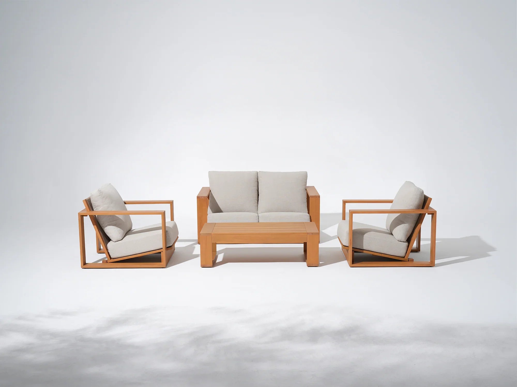 4-pc Modern Eucalyptus wood outdoor furniture set with beige cushions and rope backrest design - Jardina Modern Premium Outdoor Patio Furniture Set