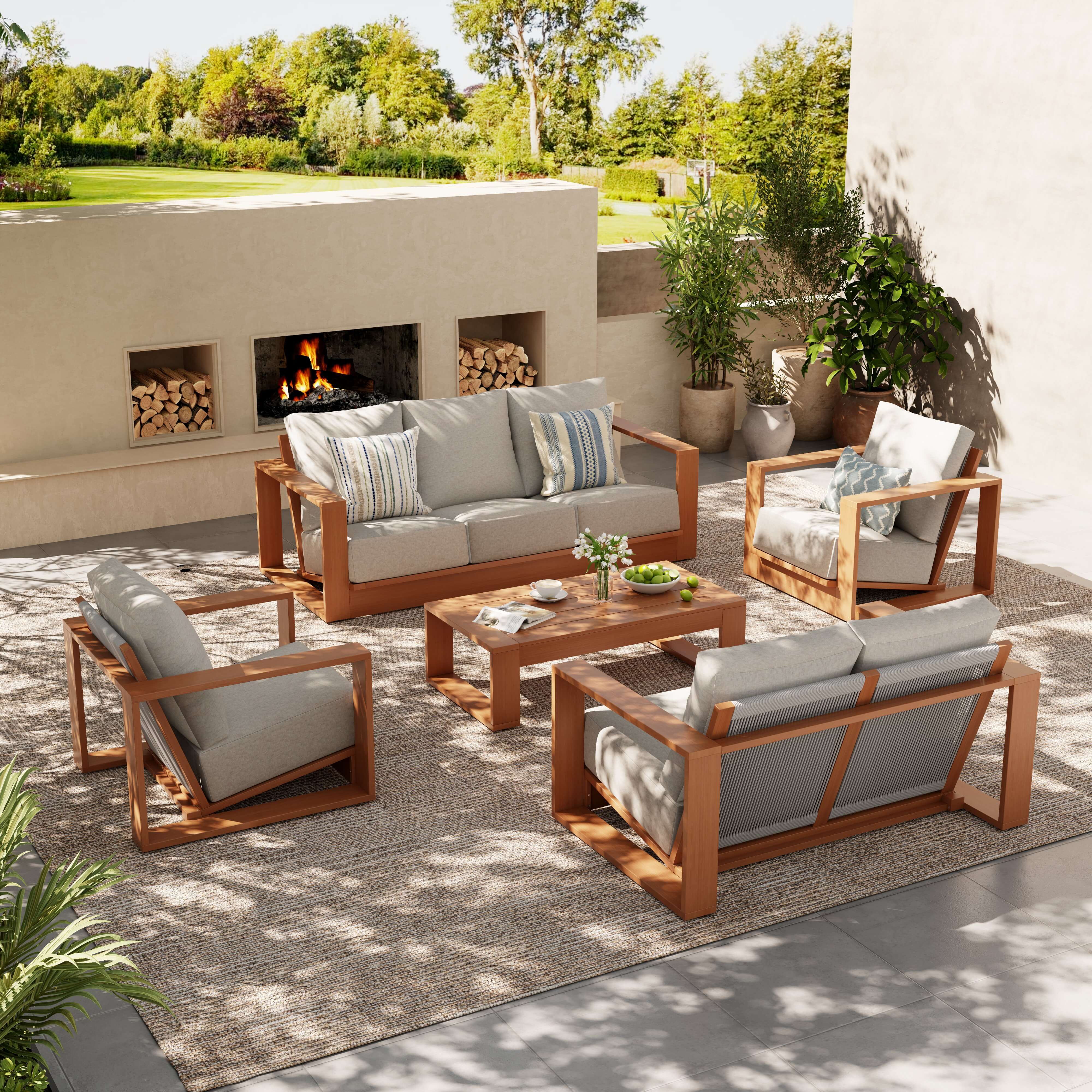 Drift 5-Piece Eucalyptus Wooden Outdoor Sofa Set with Linen-tone Cushions, Angled seat, Rope Backrest