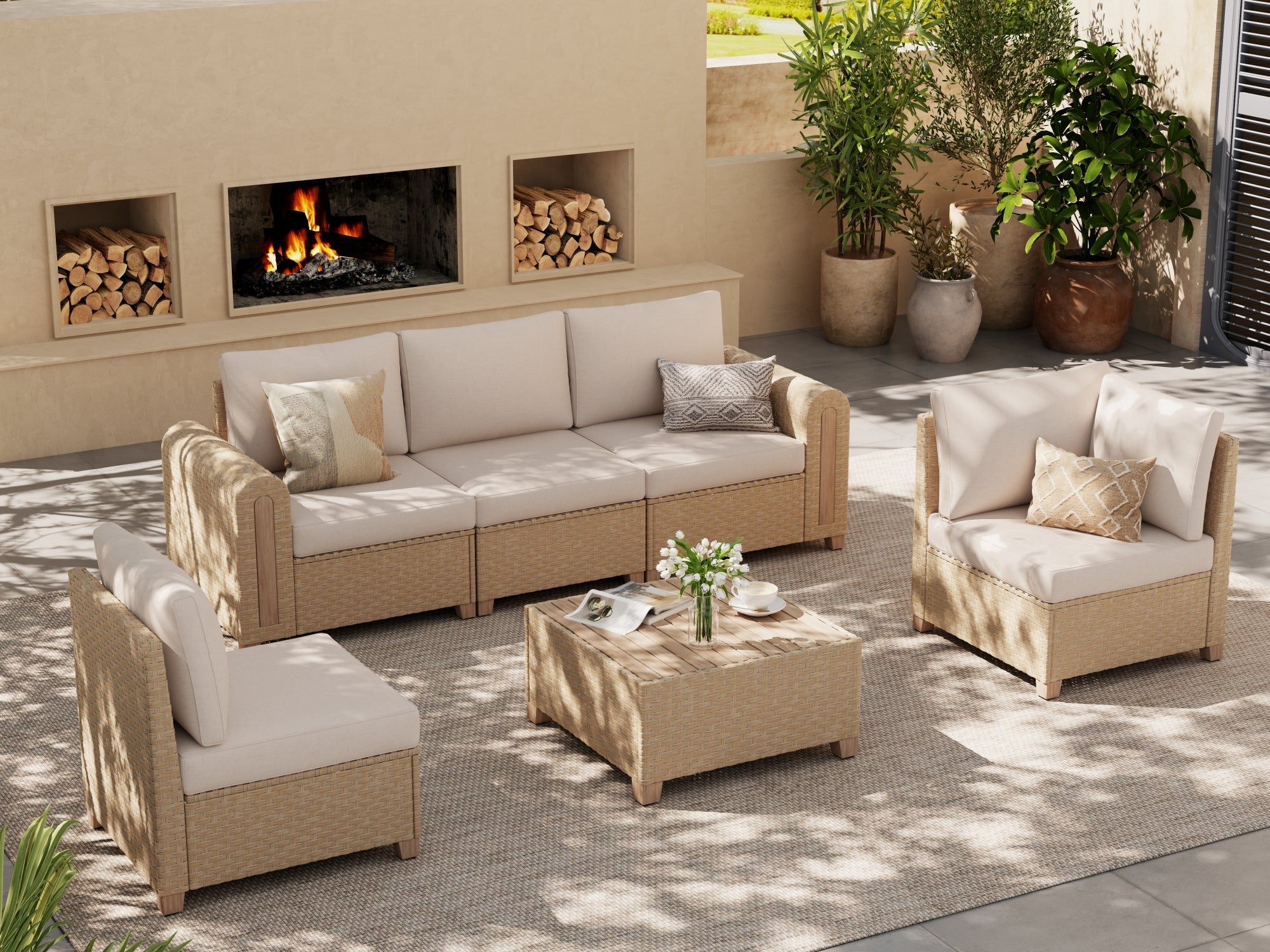 5-seats Outdoor patio furniture set with a coffee table, wicker and acacia wood design - Jardina Modern Premium Outdoor Patio Furniture Sets