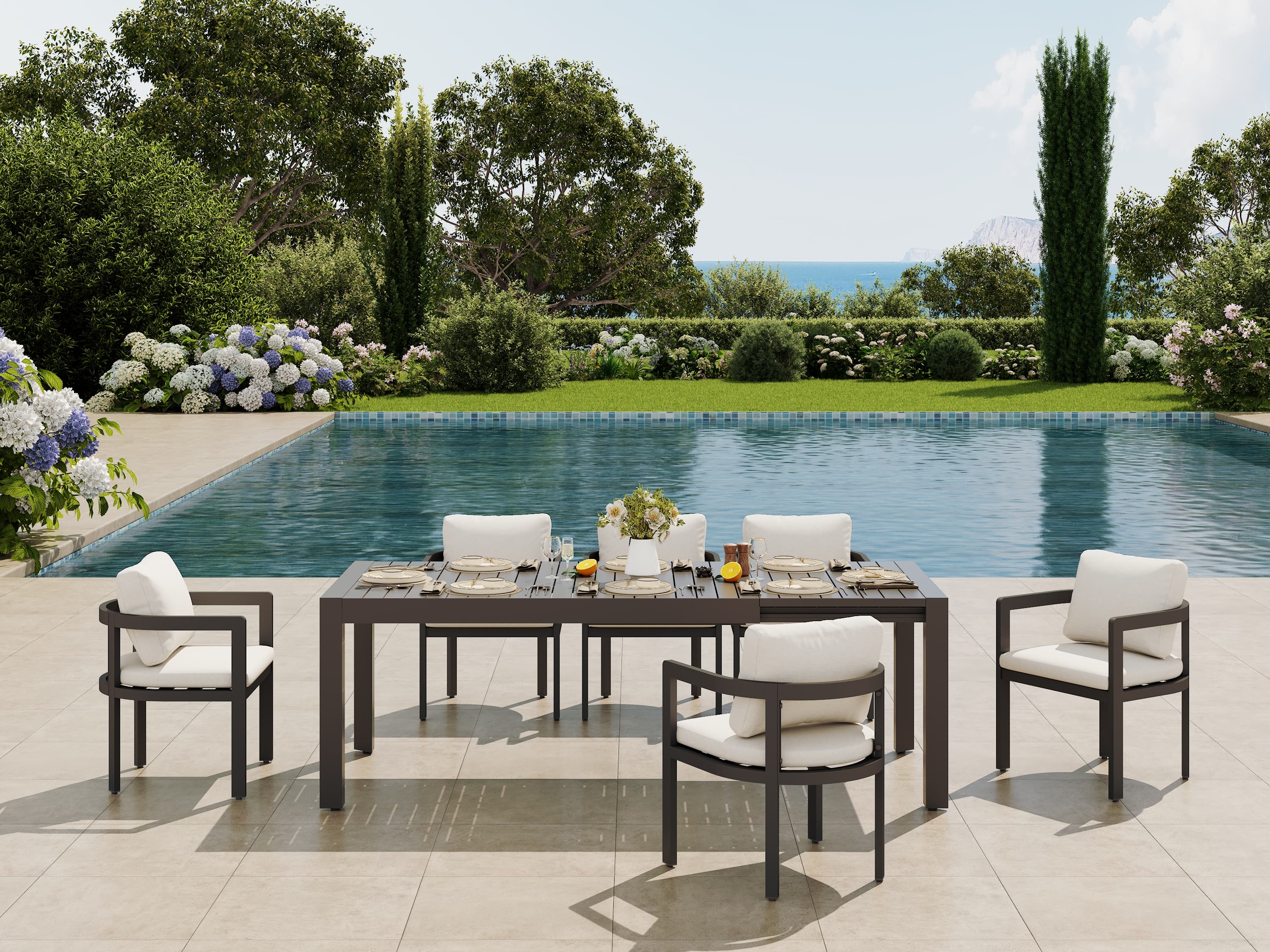 Sova Outdoor Aluminum Dining Set for 6-10 People, Charcoal Frame, Extendable Table