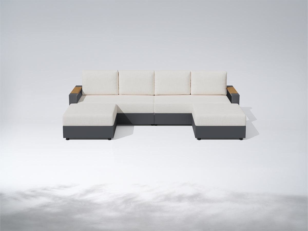 A modern sectional sofa with cream-colored cushions and dark gray bases, featuring light wood armrests, shown against a clean light gray studio background. #config_U‑Shape with Chaise