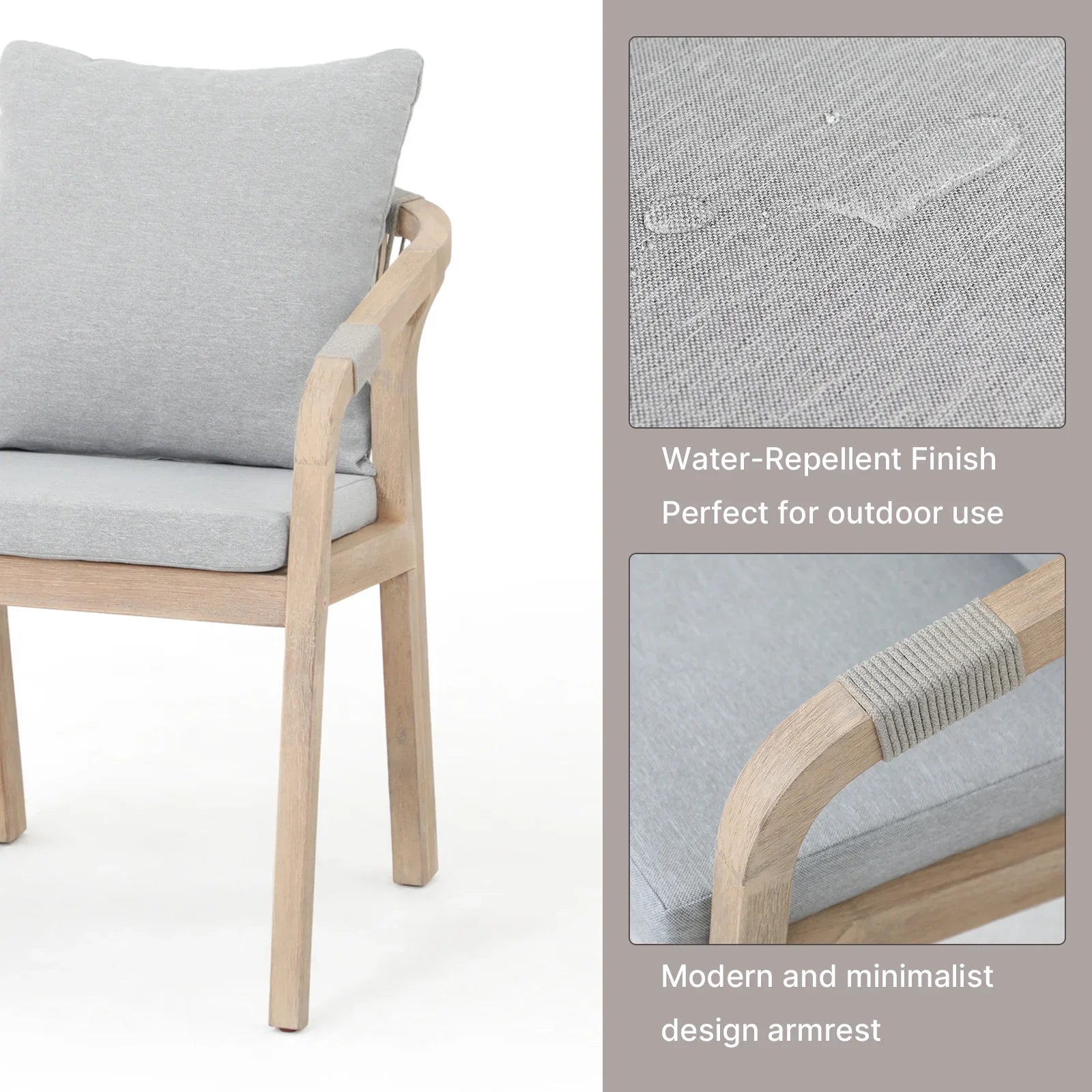 Thalea modern outdoor dining chair, armrest and fabric details
