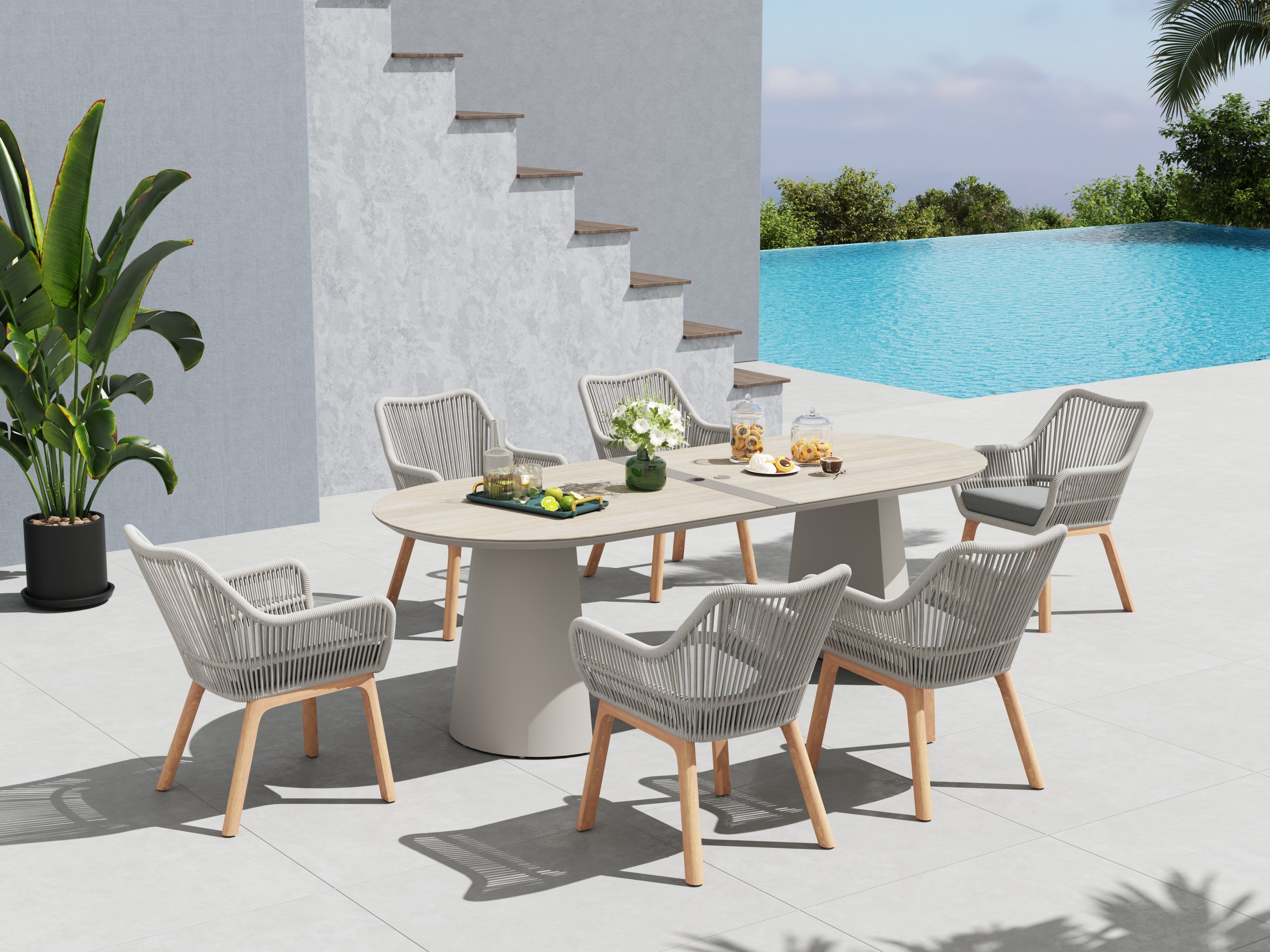 Plena Outdoor Dining Set for 6 with Teak Rope Dining Chairs, Warm Greige Aluminum Frame & Ceramic Glass Tabletop