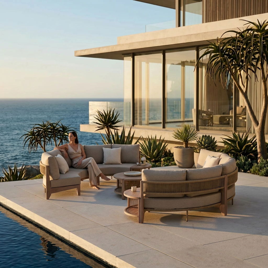 Outdoor curved patio furniture sectional set on a modern terrace with a woman seated on it- Jardina outdoor modern premium patio furniture