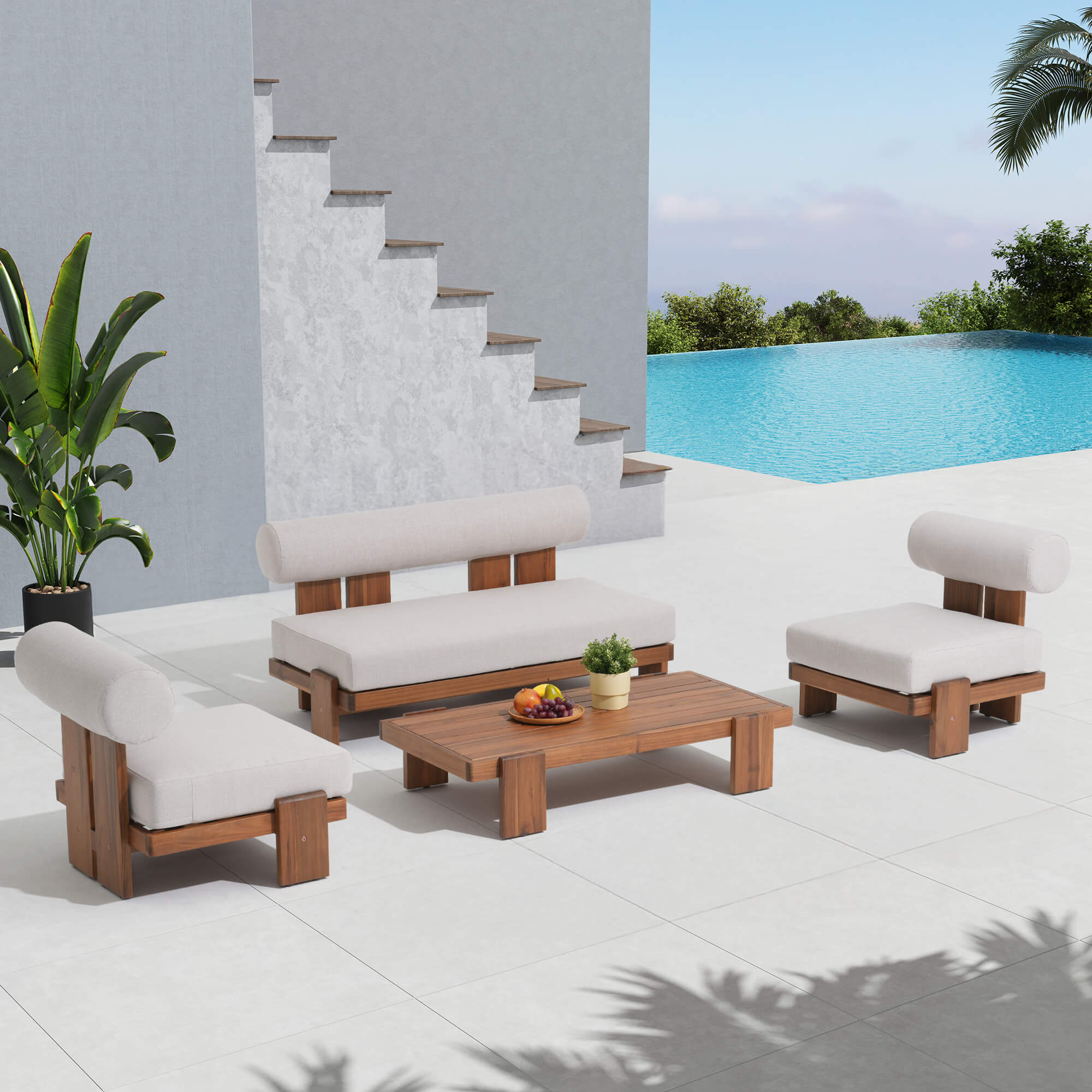 Outdoor furniture set with wooden frames and thick white cushions by a poolside- Jardina Modern Premium Outdoor Patio Furniture Sets