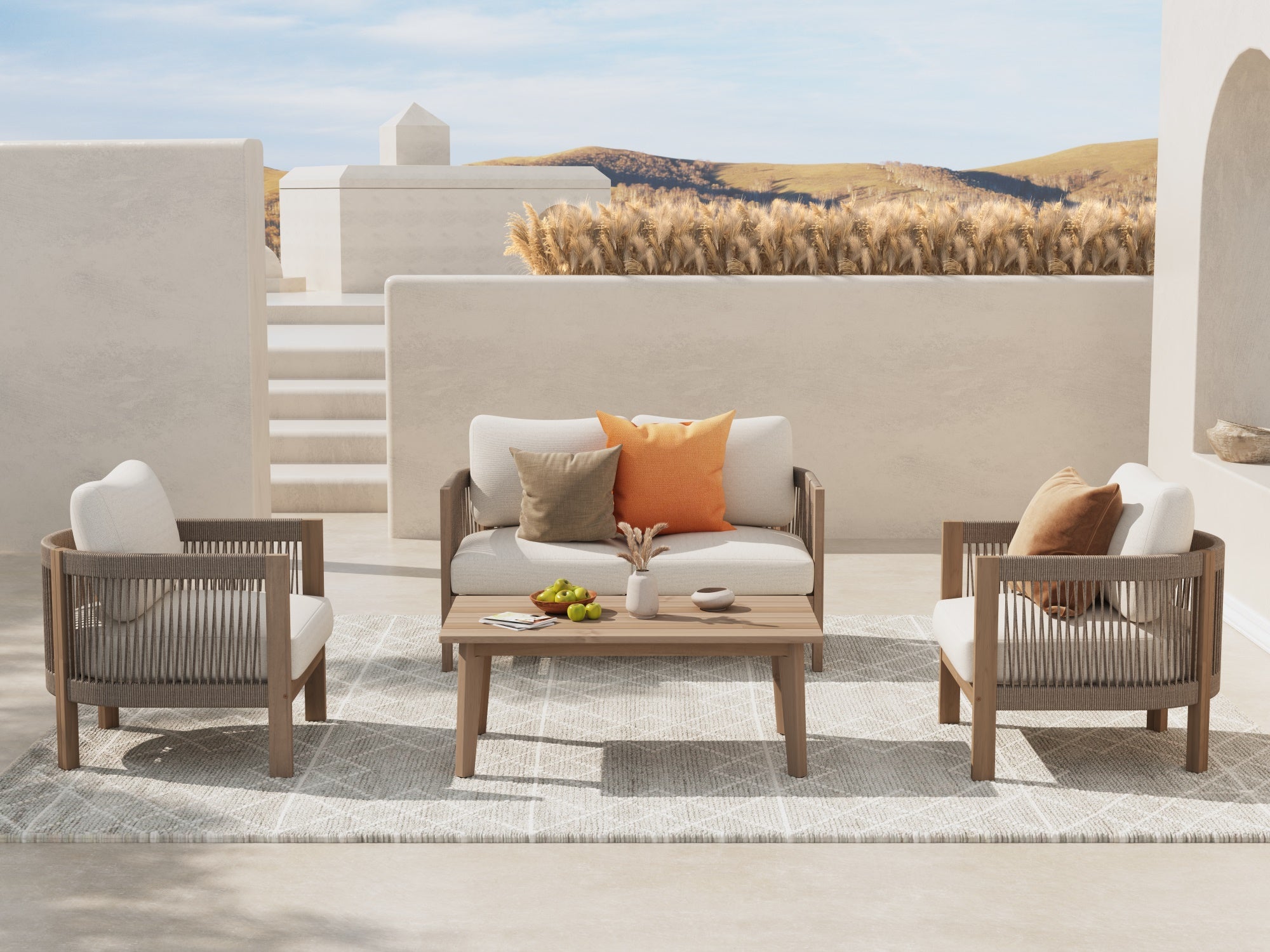 Foristern 4-seat Wooden Outdoor furniture conversation Set with Rope Design - Jardina Modern Premium Outdoor Patio Furniture Sets