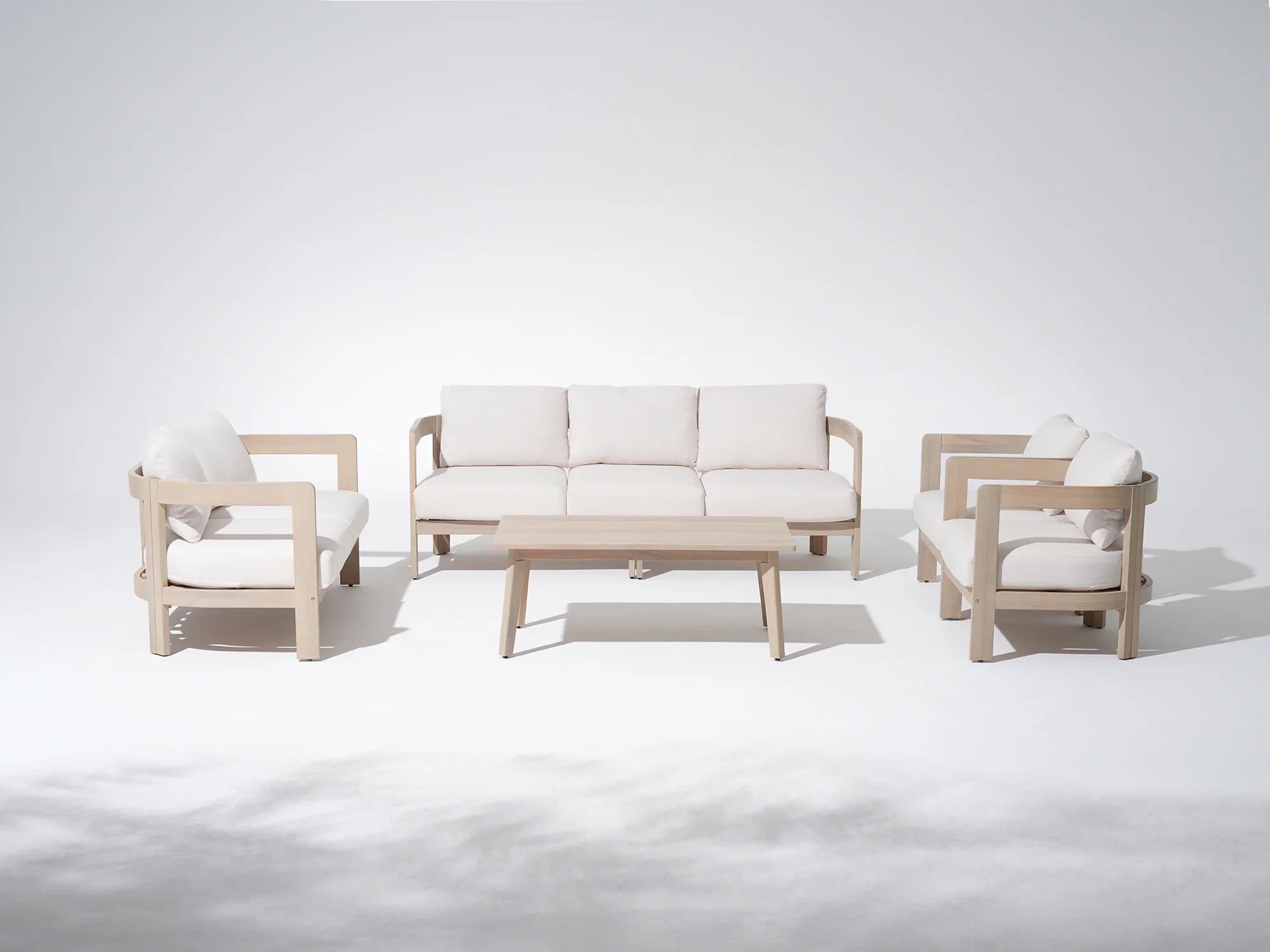 5-pc Modern acacia wood outdoor furniture conversation set with white cushions - Jardina Modern Premium Outdoor Patio Furniture Sets
