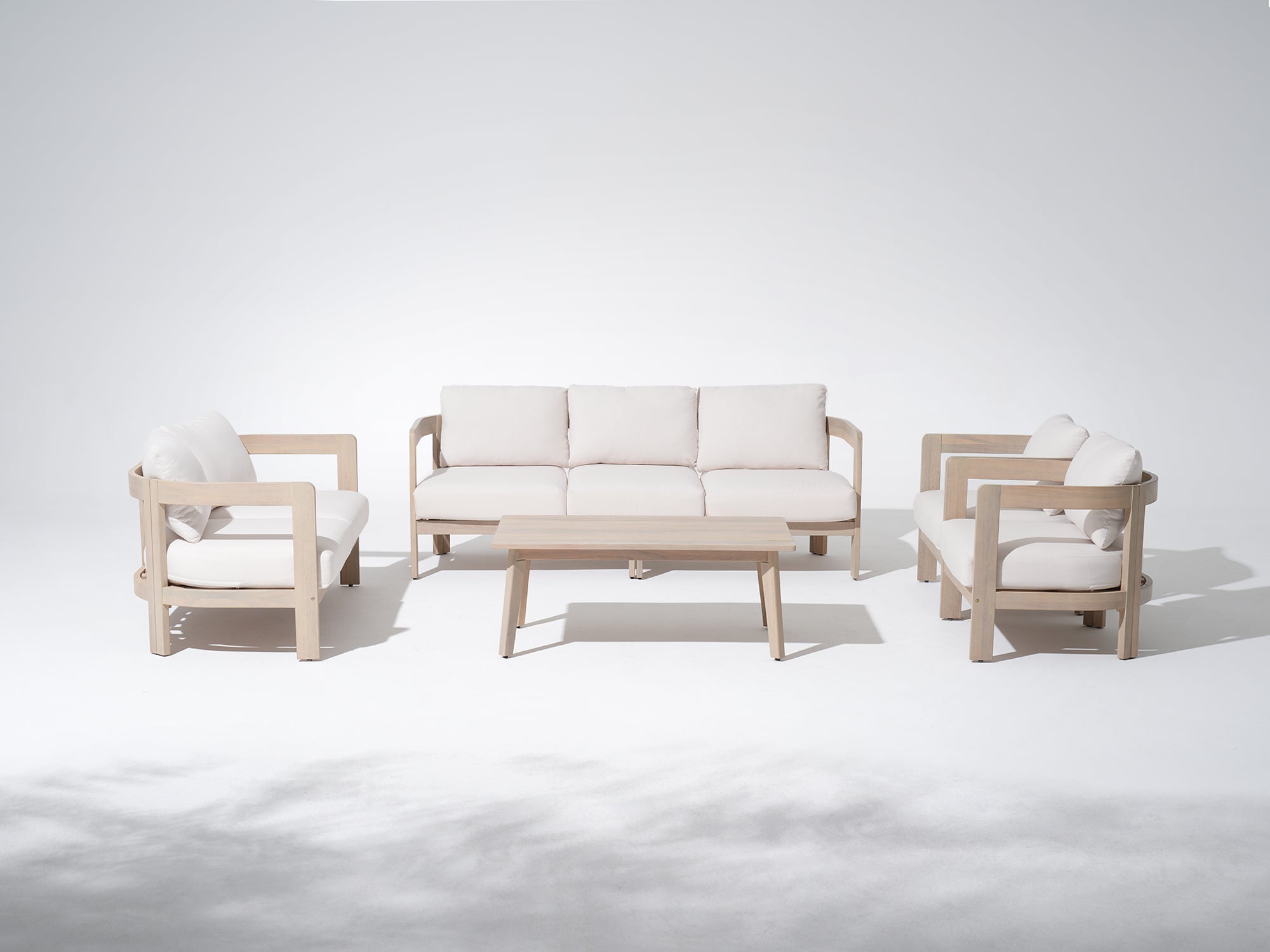 5-pc Modern acacia wood outdoor furniture conversation set with white cushions - Jardina Modern Premium Outdoor Patio Furniture Sets