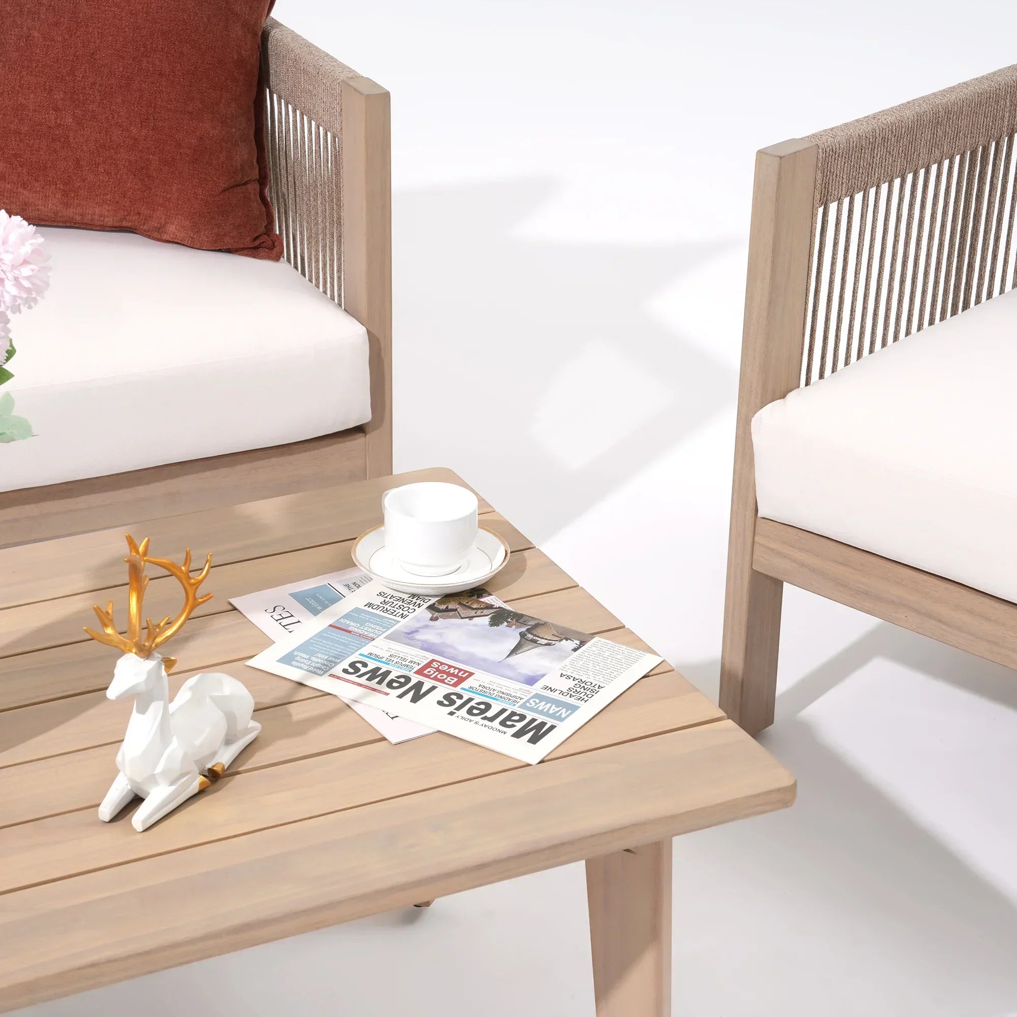 acacia Wooden outdoor furniture set with a table, chairs, and decorative items on a white background
