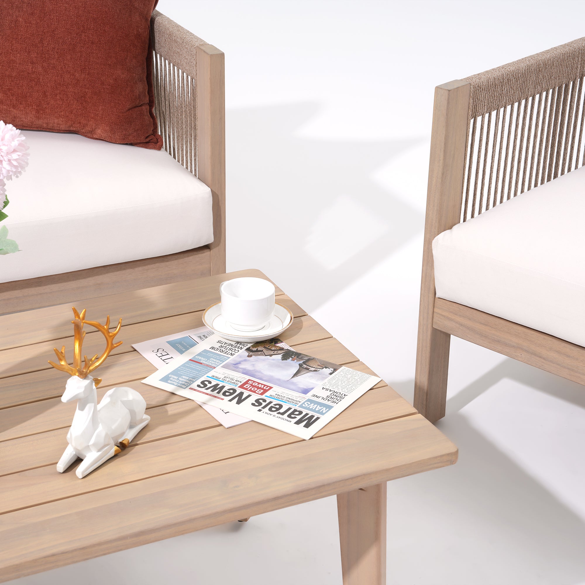 acacia Wooden outdoor furniture set with a table, chairs, and decorative items on a white background