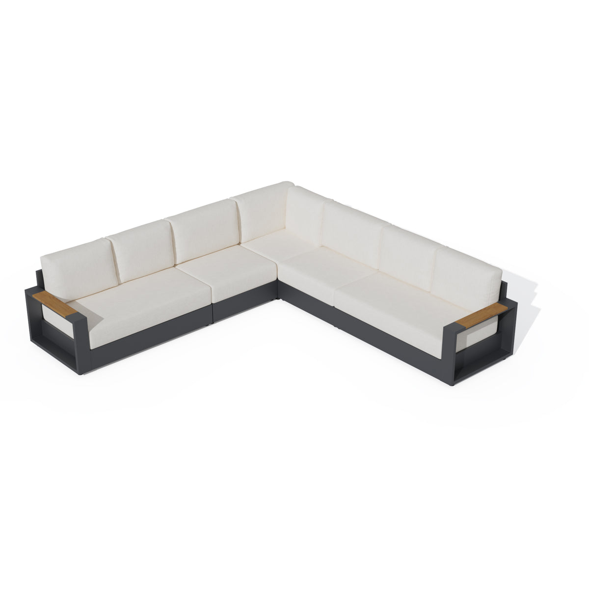 An L-shaped outdoor sectional sofa with off-white cushions and a dark gray frame, featuring light wood armrest accents, shown on a white background. #config_7-Seat L‑Corner