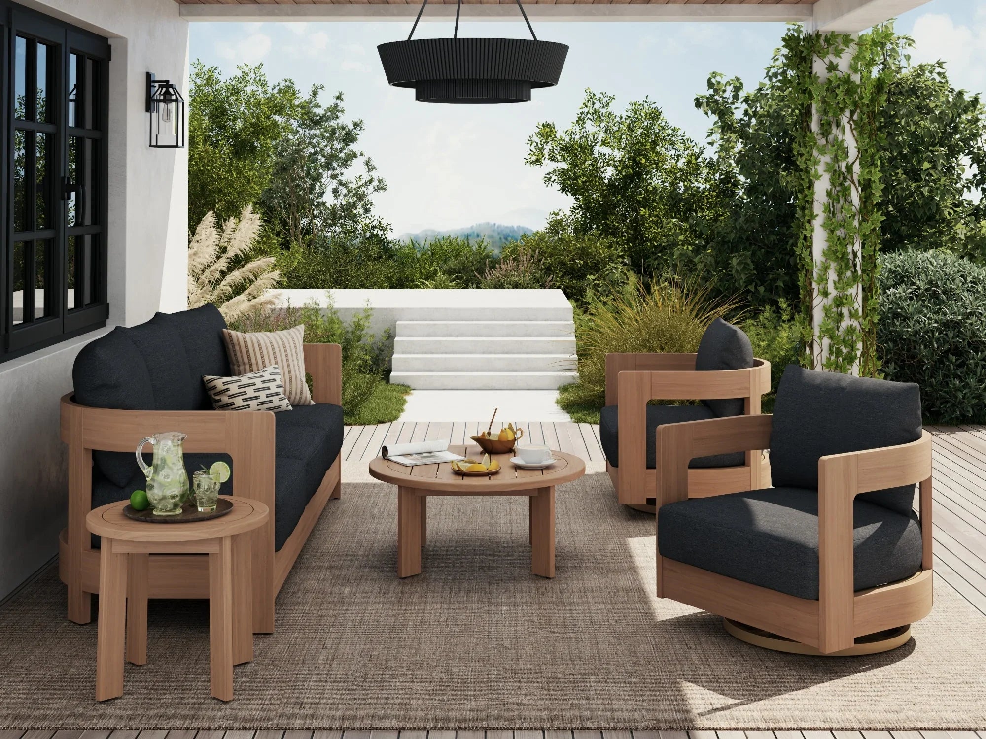 Eucalyptus Wood Outdoor patio furniture lounge set with swivel chairs and black cushions on a deck - Jardina Modern Premium Outdoor Patio Furniture Set