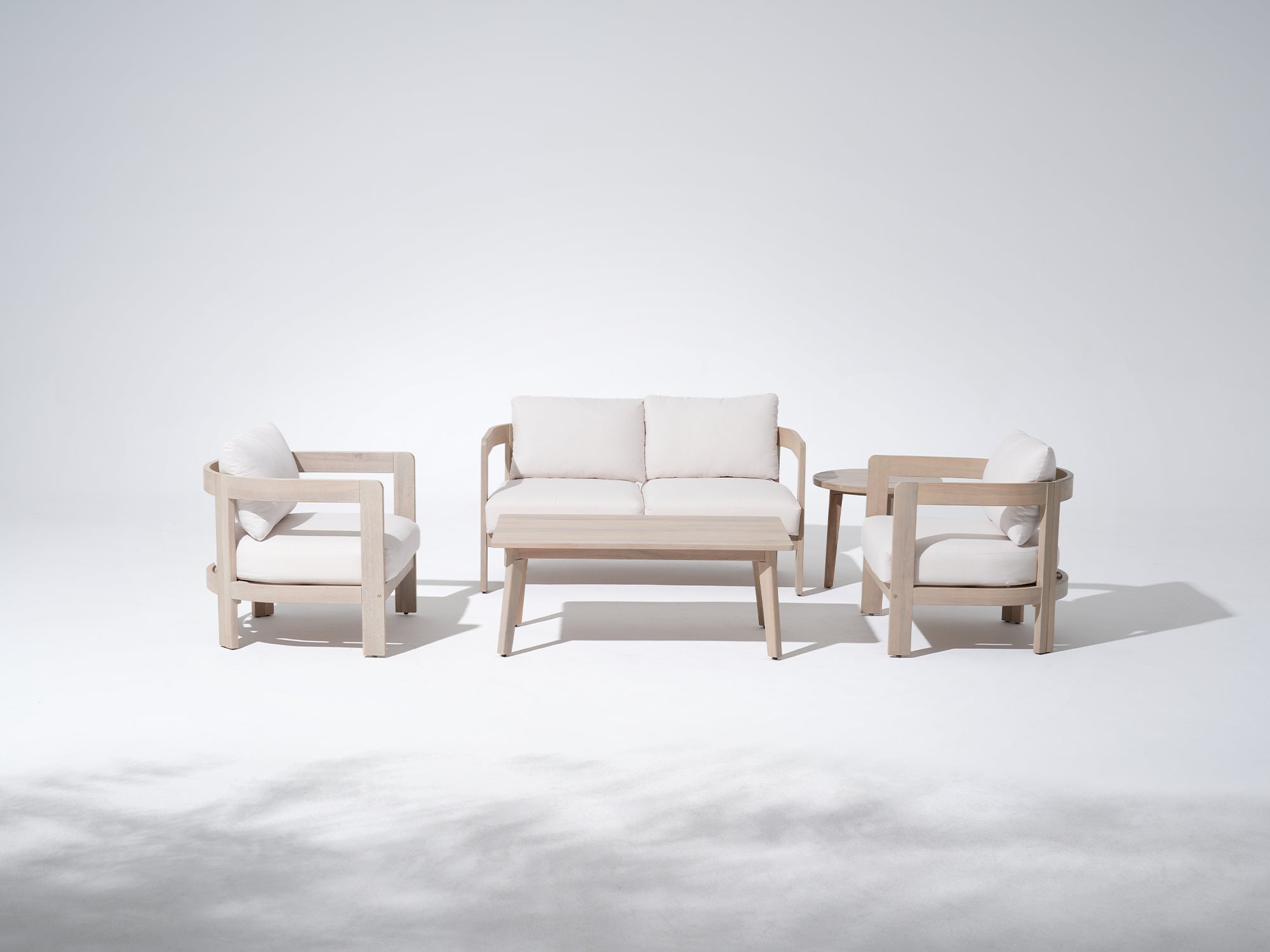 acacia Wooden Outdoor Loveseat furniture Set with Mixed coffee Tables, Creamy Cushions - Jardina Modern Premium Outdoor Patio Furniture Sets