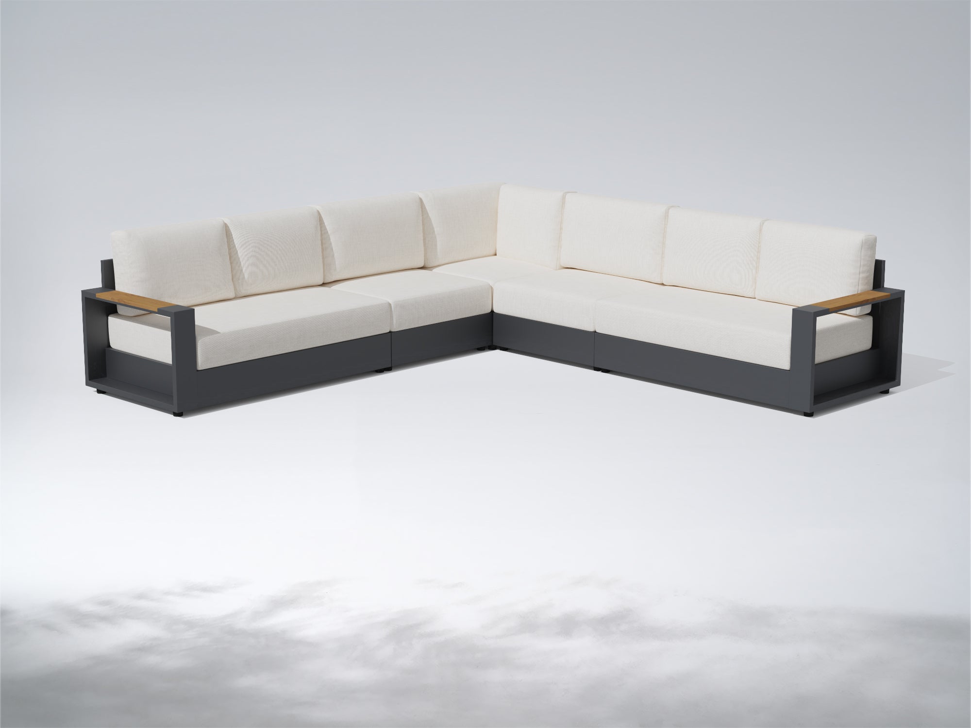 An L-shaped outdoor sectional sofa with cream-colored cushions and a dark gray frame, featuring light wood armrests, shown on a light gray studio background. #config_7-Seat L‑Corner